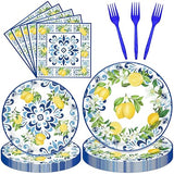 100 Pieces Mediterranean Citrus Party Tableware Set - Blue White Lemon Plates, Napkins and Forks, Disposable Dinnerware for Summer Birthday, Bridal