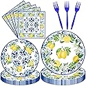 100 Pieces Mediterranean Citrus Party Tableware Set - Blue White Lemon Plates, Napkins and Forks, Disposable Dinnerware for Summer Birthday, Bridal