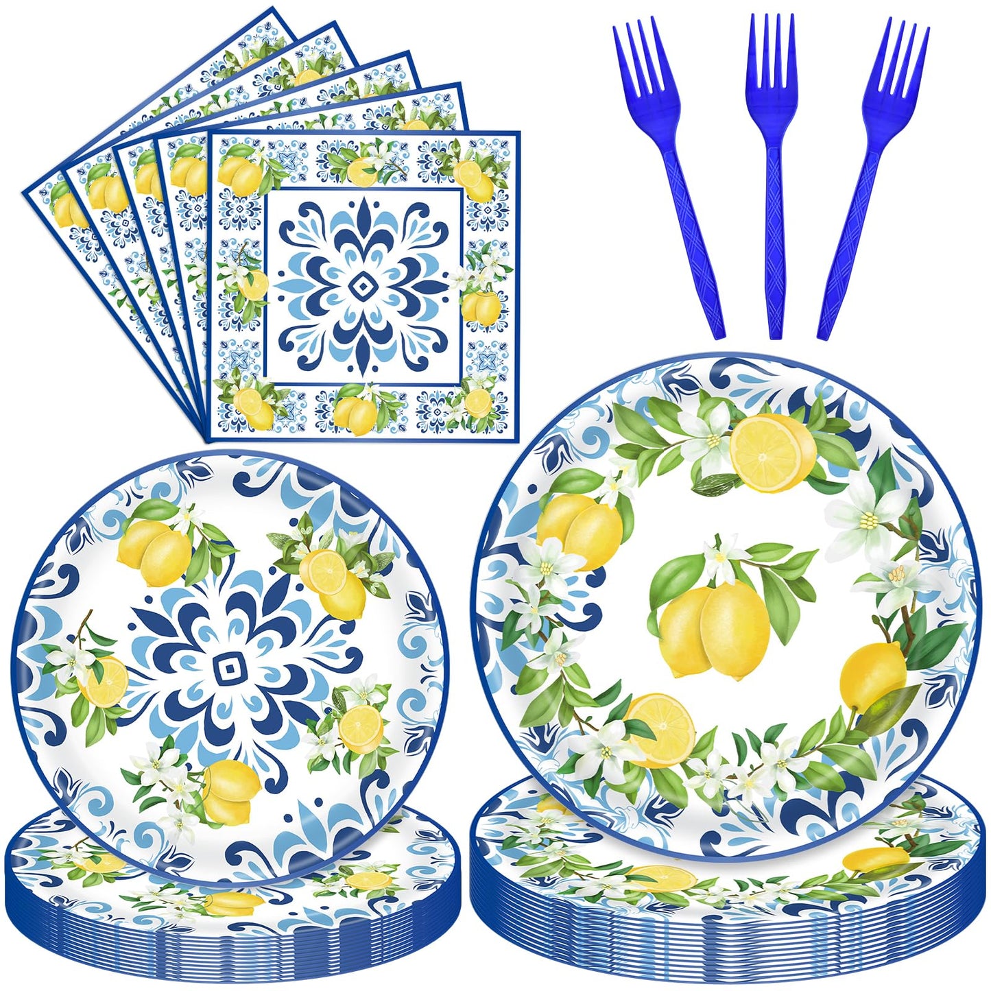 100 Pieces Mediterranean Citrus Party Tableware Set - Blue White Lemon Plates, Napkins and Forks, Disposable Dinnerware for Summer Birthday, Bridal