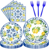 100 Pieces Mediterranean Citrus Party Tableware Set - Blue White Lemon Plates, Napkins and Forks, Disposable Dinnerware for Summer Birthday, Bridal