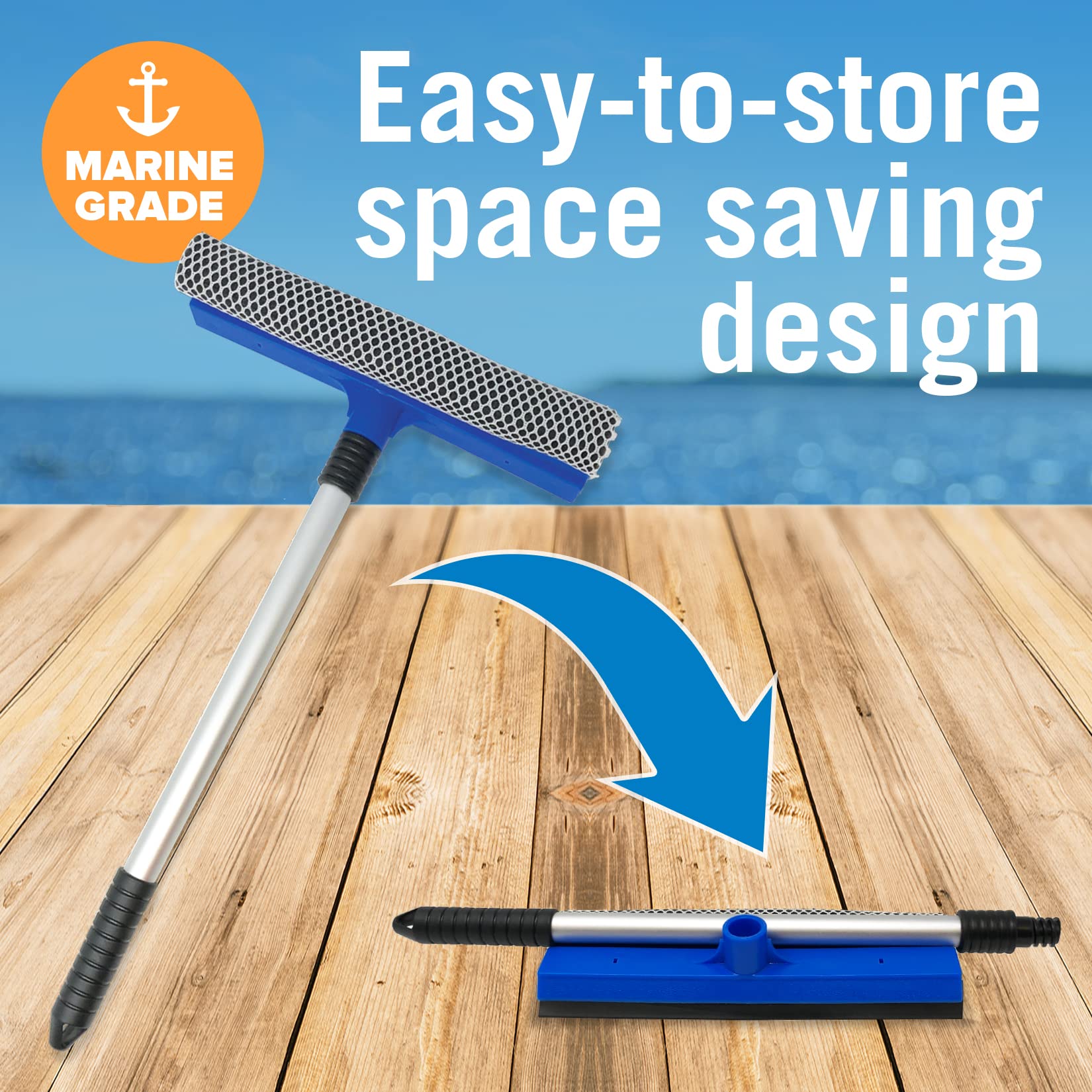 Window Squeegee with Long Handle and Scrubber, for Car, Boat, RV Windows, Windshields, and Shower Glass Doors, Cleaning Tool with Large Sponge