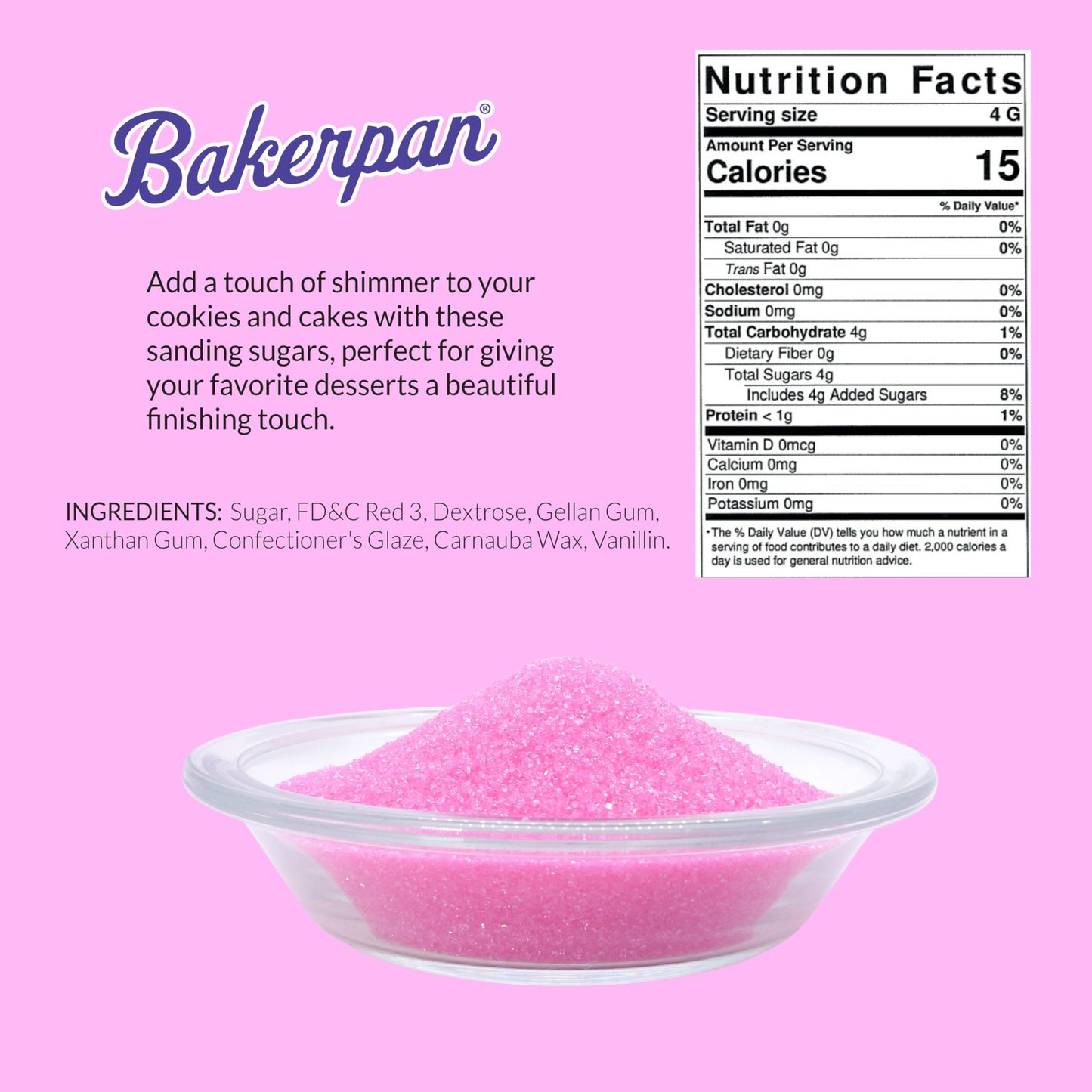 Bakerpan Pink Sanding Sugar for Baking & Cookie Decorating - 5 Ounce Edible Pink Sugar Sprinkles for Cookies, Cakes, Cocktails (Made In USA)
