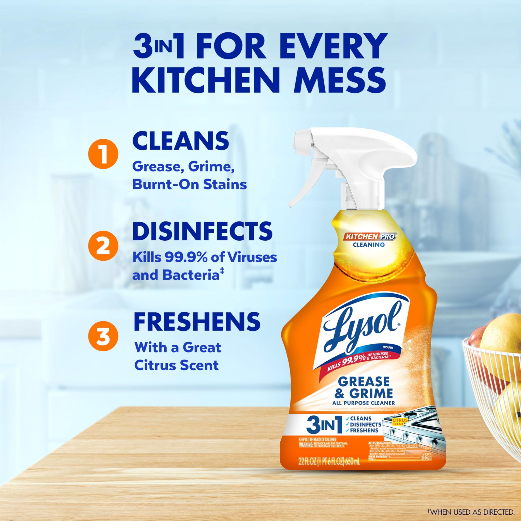 Lysol Pro Kitchen Spray Cleaner and Degreaser, Antibacterial All Purpose Cleaning Spray for Kitchens, Countertops, Ovens, and Appliances, Citrus
