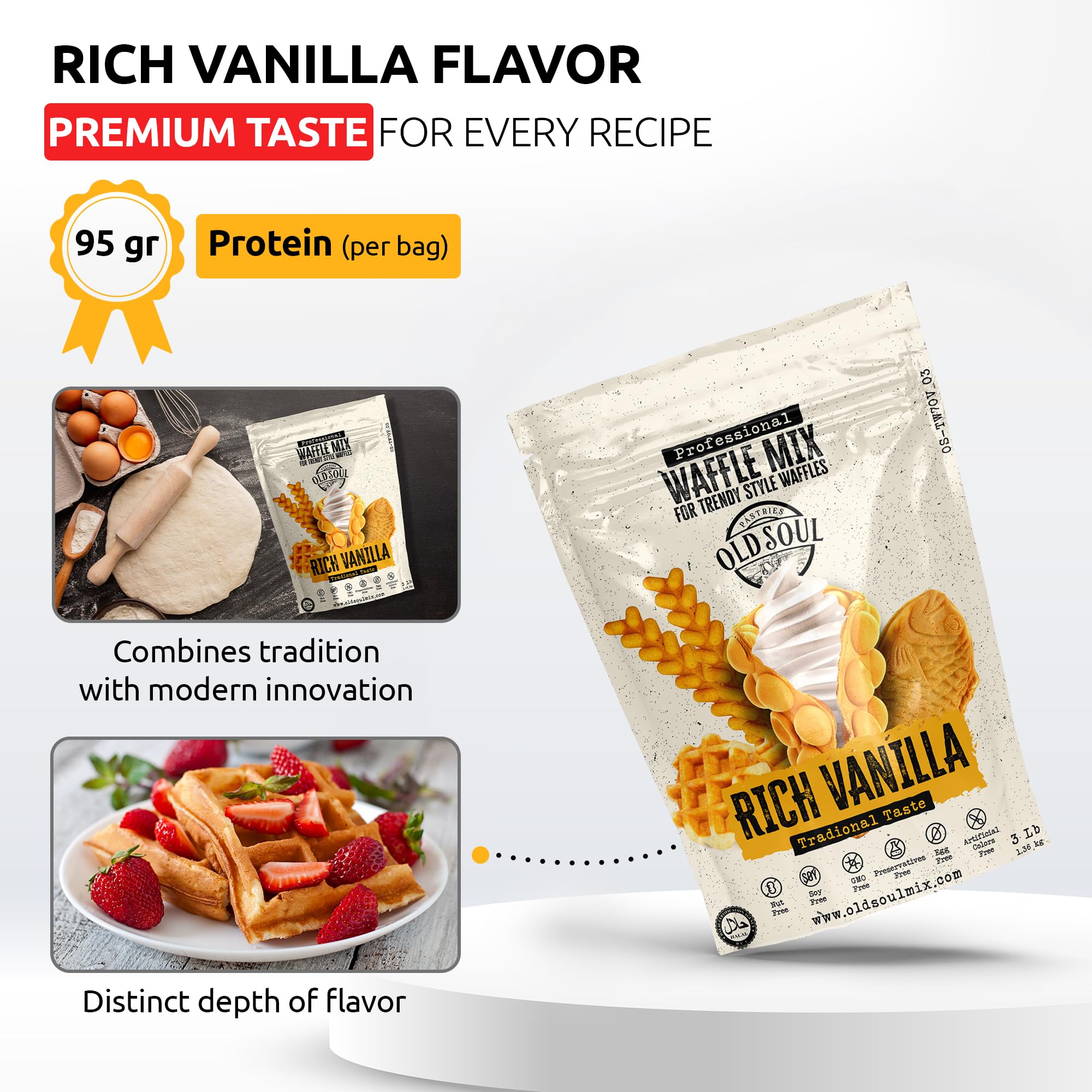 OLDSOUL Trendy Waffle & Pancake Mix | Bubble Belgian Cone | Natural Ingredients | Easy Preparation | Reach Vanilla Flavor (3 Lbs)