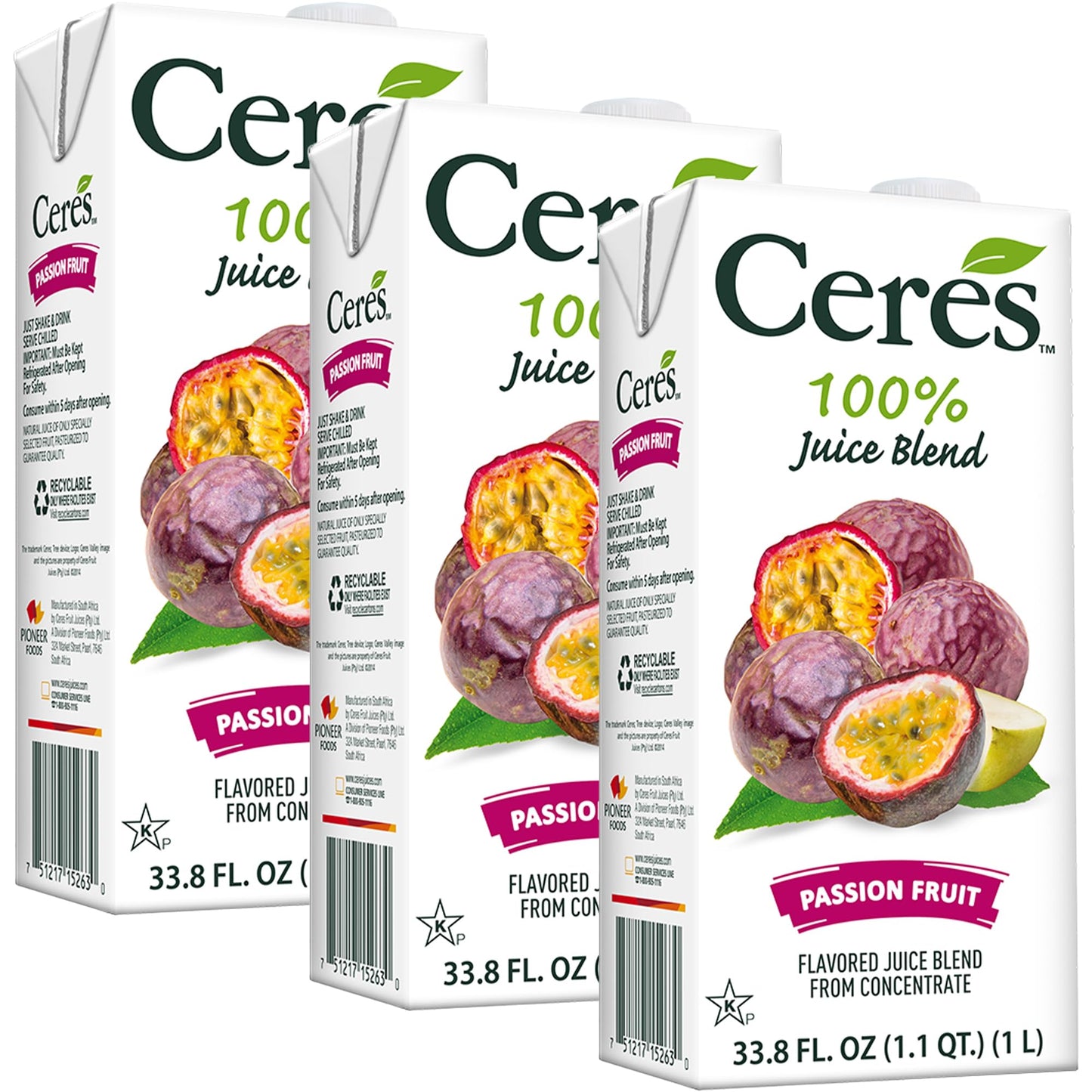 Ceres Passion Fruit Juice Blend, 3-Pack - 100% Natural, Rich in Vitamin C, No Added Sugar, Artificial Colors, or Flavors, Kosher Certified, 33.8 Oz Ea