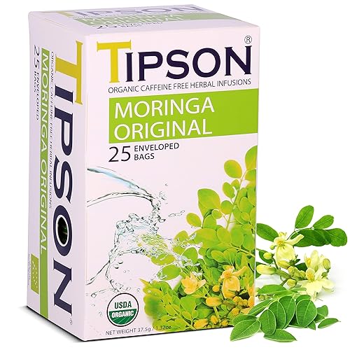 Tipson Organic Moringa Caffeine Free Herbal Tea - Original Flavor - 25 Premium Double Chambered Bags - Superfood Tea - Keto/Paleo Diet Compatible