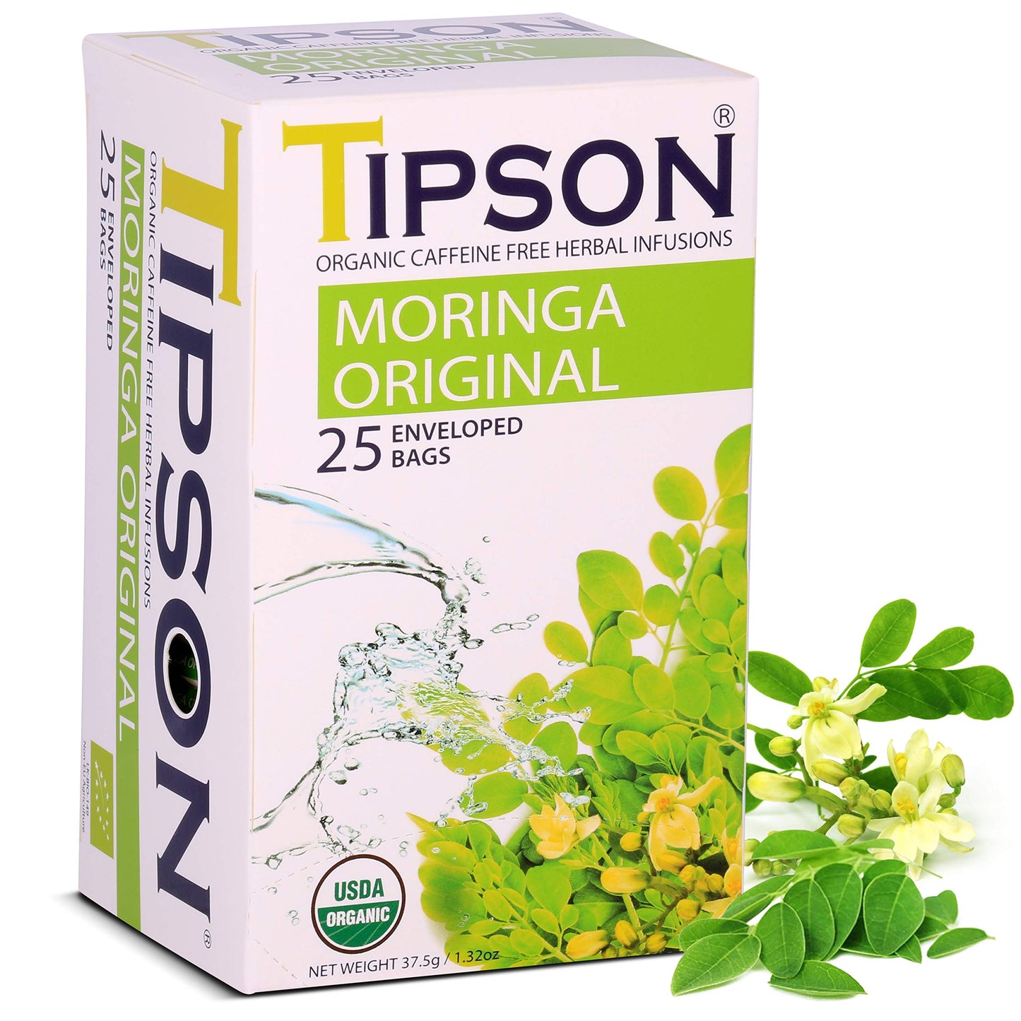 Tipson Organic Moringa Caffeine Free Herbal Tea - Original Flavor - 25 Premium Double Chambered Bags - Superfood Tea - Keto/Paleo Diet Compatible