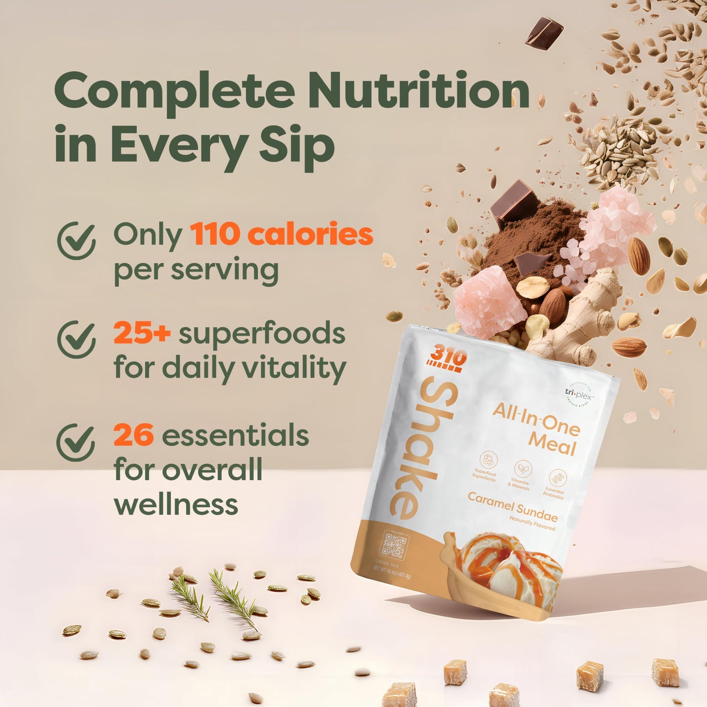 310 Nutrition All-In-One Meal Replacement Shake Powder - Plant-Based Protein Smoothie Blend w/High Fiber, Probiotics & Adaptogens - Low Carb, Vegan