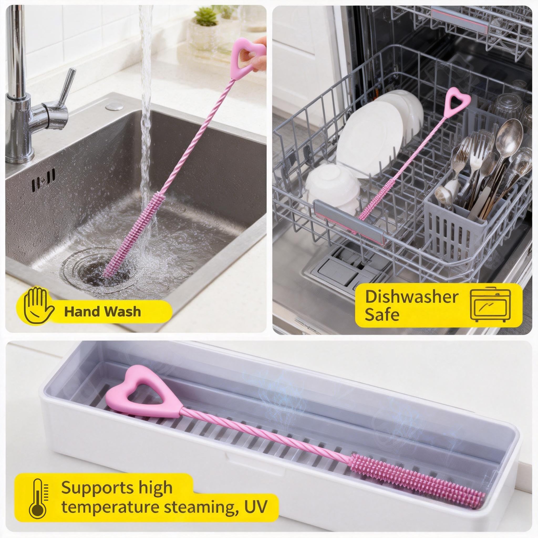Silicone Straw Cleaner Brush, 2Pcs Reusable Cleaner Brush Extra Long, Straw Brush Bristles Cleaner for Cleaning Stanley Metal Glass Straws Drink Lid