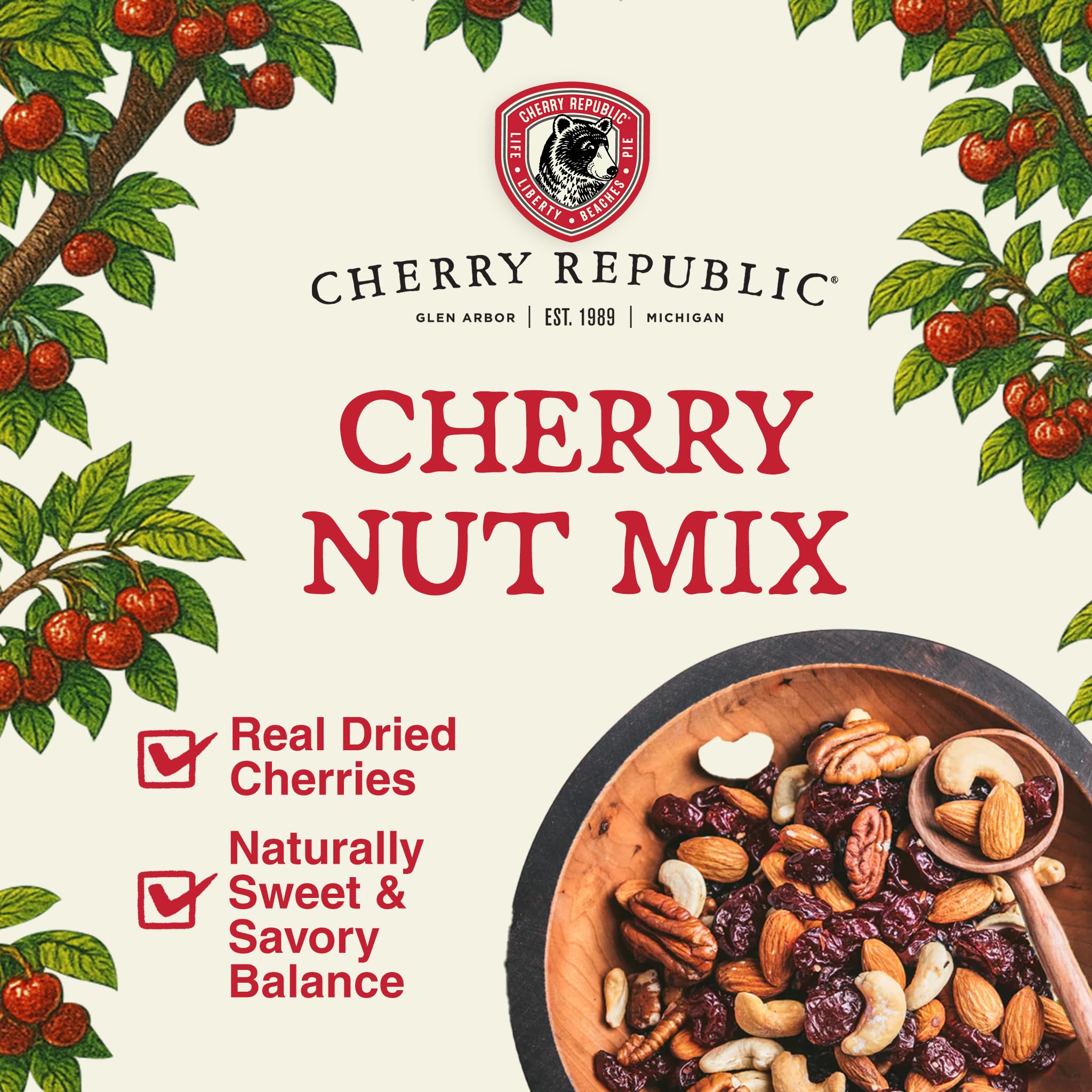 Cherry Republic Cherry Nut Mix, 8 oz Bag - Premium Mixed Nuts with Real Dried Cherries, Simple Ingredients, Sweet and Savory Flavor, Gourmet Fruit
