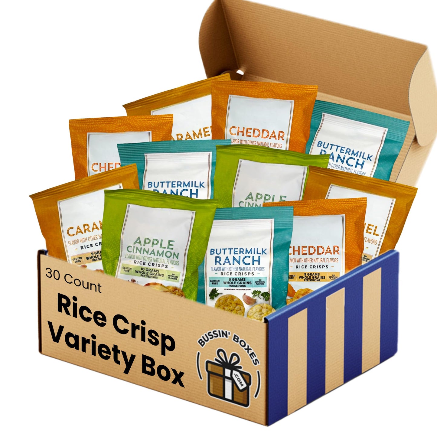 Rice Crisps Variety Pack - Multi-Grain Snack Bags Assortment - 30 Count Healthy, Low Calorie Snack Box for Adults and Kids Assembled by Bussin Boxes