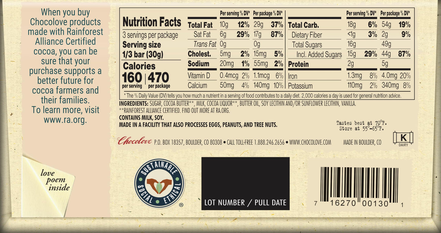 Chocolove Pure Milk Chocolate Bar, 3.2 oz