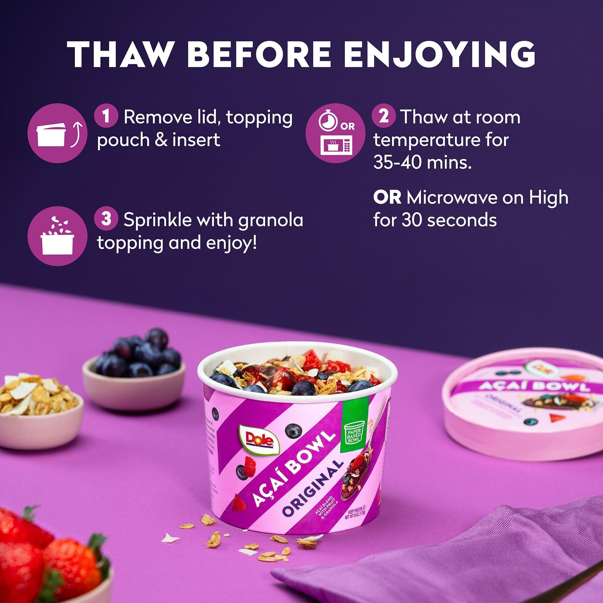 Dole Frozen Acai Bowl Original - Acai Blend with Fruit and Granola Topping - Paper-Based Bowl - 6 oz