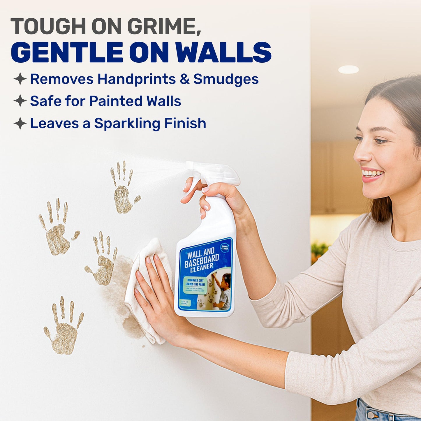 AuraClean Gentle Wall & Baseboard Cleaner - Safe for Painted Walls & Trim | Non-Toxic, No-Rinse Spray | Anti-Resoil, Streak-Free Finish for Everyday