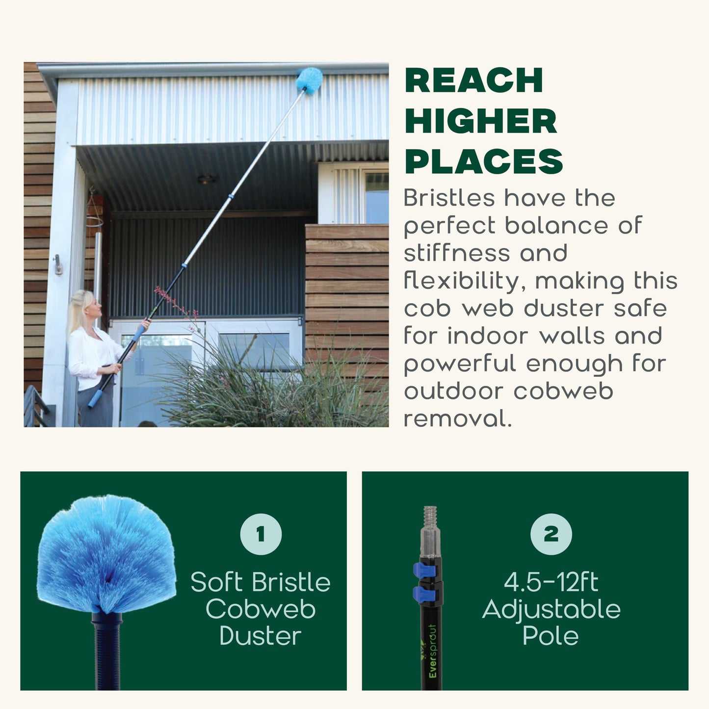 EVERSPROUT Twist-On Cobweb Duster (Soft Bristles) | Indoor & Outdoor use Brush Attachment | Fits Standard 3/4 inch Threaded Poles | Brush Only (Pole