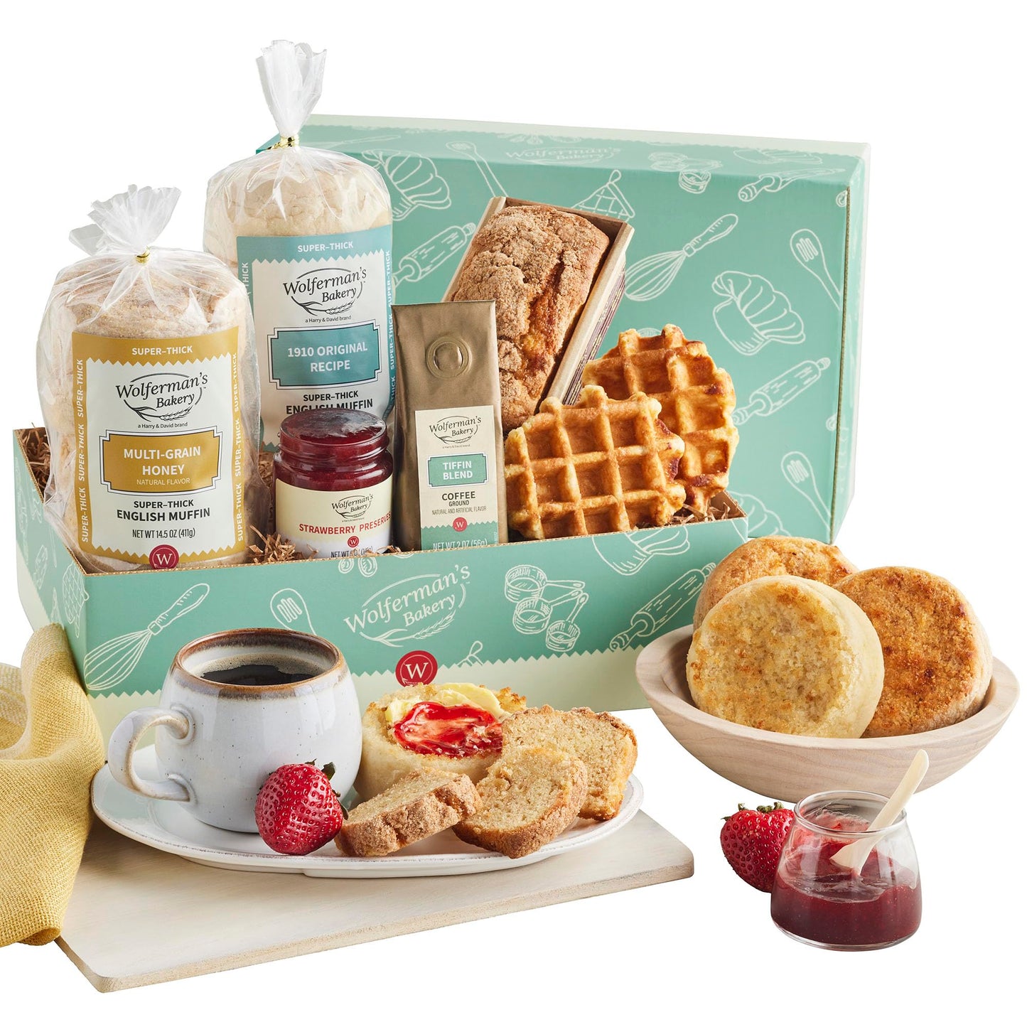 Wolferman's Bountiful Bakery Sampler Box, Gourmet Gift Set With Original, Multigrain Honey English Muffins, Loaf Cake, Belgian Waffles, Strawberry
