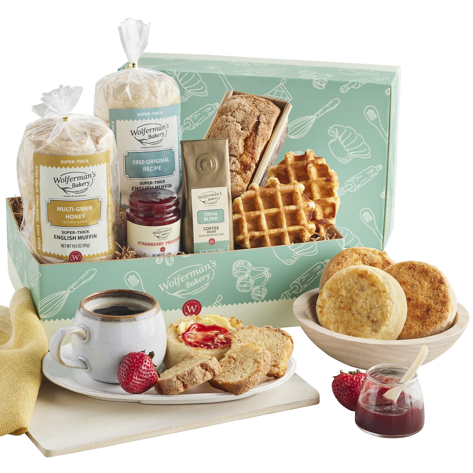 Wolferman's Bountiful Bakery Sampler Box, Gourmet Gift Set With Original, Multigrain Honey English Muffins, Loaf Cake, Belgian Waffles, Strawberry