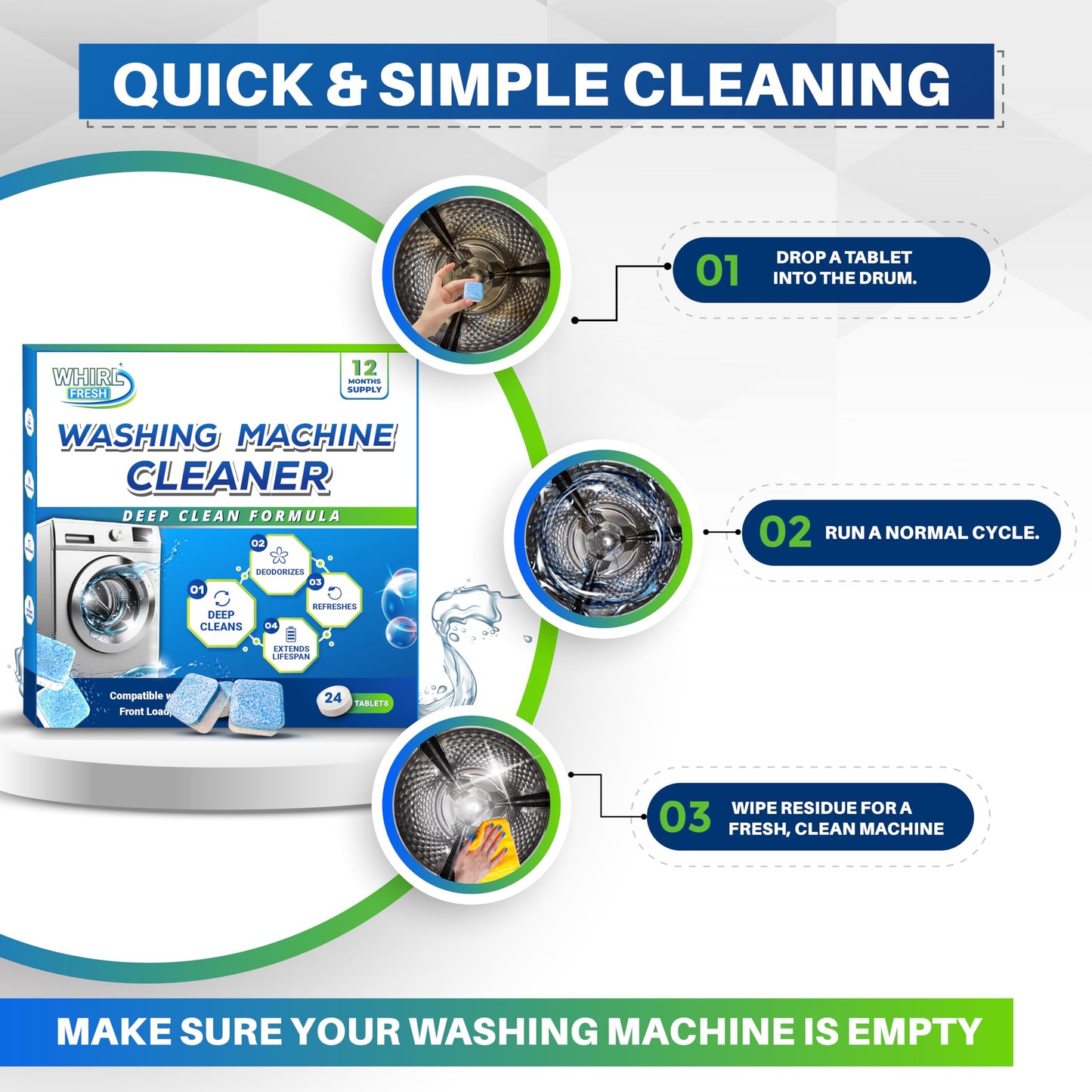 Whirl Fresh Washing Machine Cleaner Tablets, 24 Pack-Deep Cleaning Tablets for Top & Front Load HE Washer Cleaners, Descaler & Deodorizer, Septic