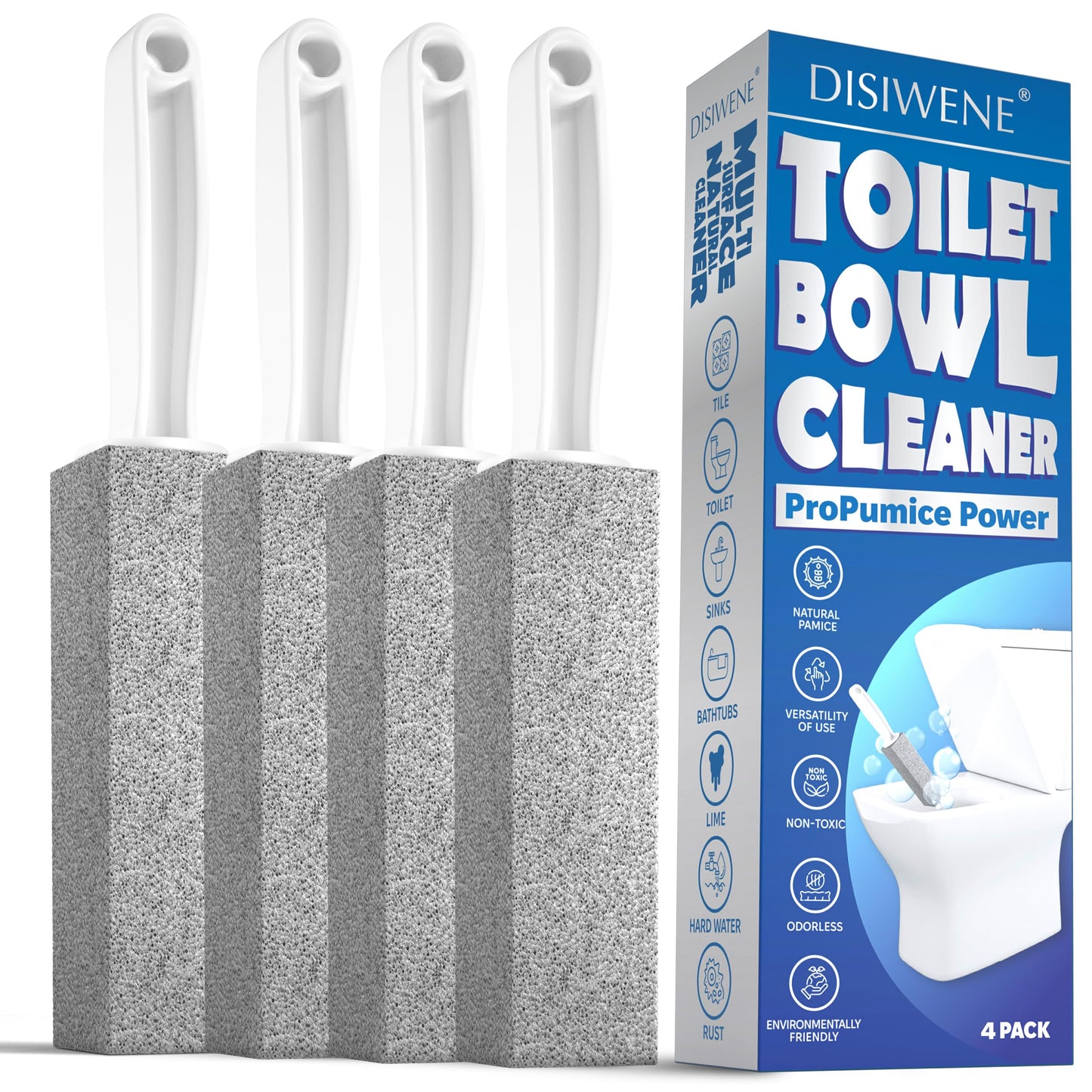 DISIWENE Pumice Cleaning Stone with Handle Toilet Bowl Cleaner Hard Water Ring Remover for Bath/Pool/Kitchen/Household Cleaning (4, 4 Pack