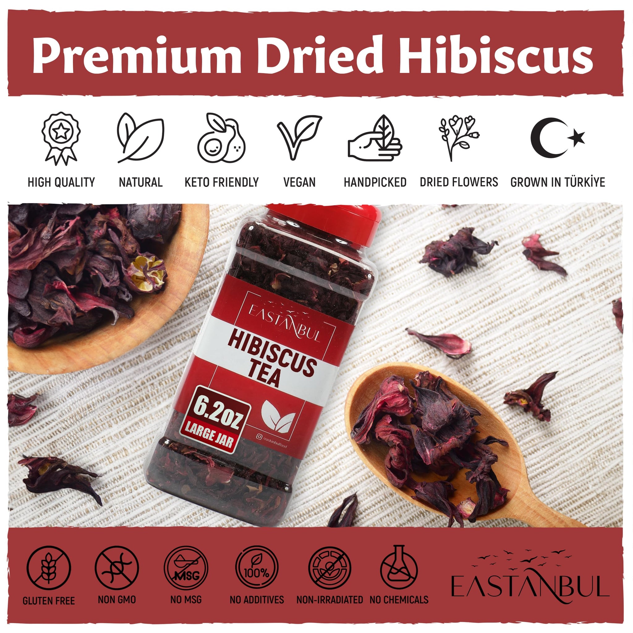 Eastanbul Hibiscus Tea Loose Leaf, 6.2oz, Mediterranean Hibiscus Flower Tea, Jamaica Leaves, Flor de Jamaica, Dried, Natural, Caffeine Free, Vegan