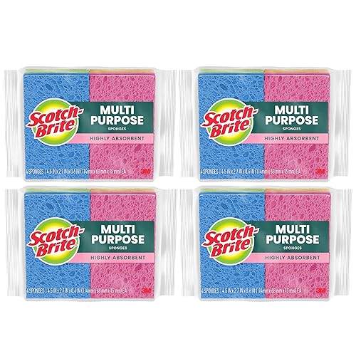 Scotch-Brite Multi-Purpose Kitchen Sponges, 16 Total (4 Packs of 4), Highly Absorbent Non-Scratch Dish Sponges, Plant-Based Fibers, Dishwasher-Safe