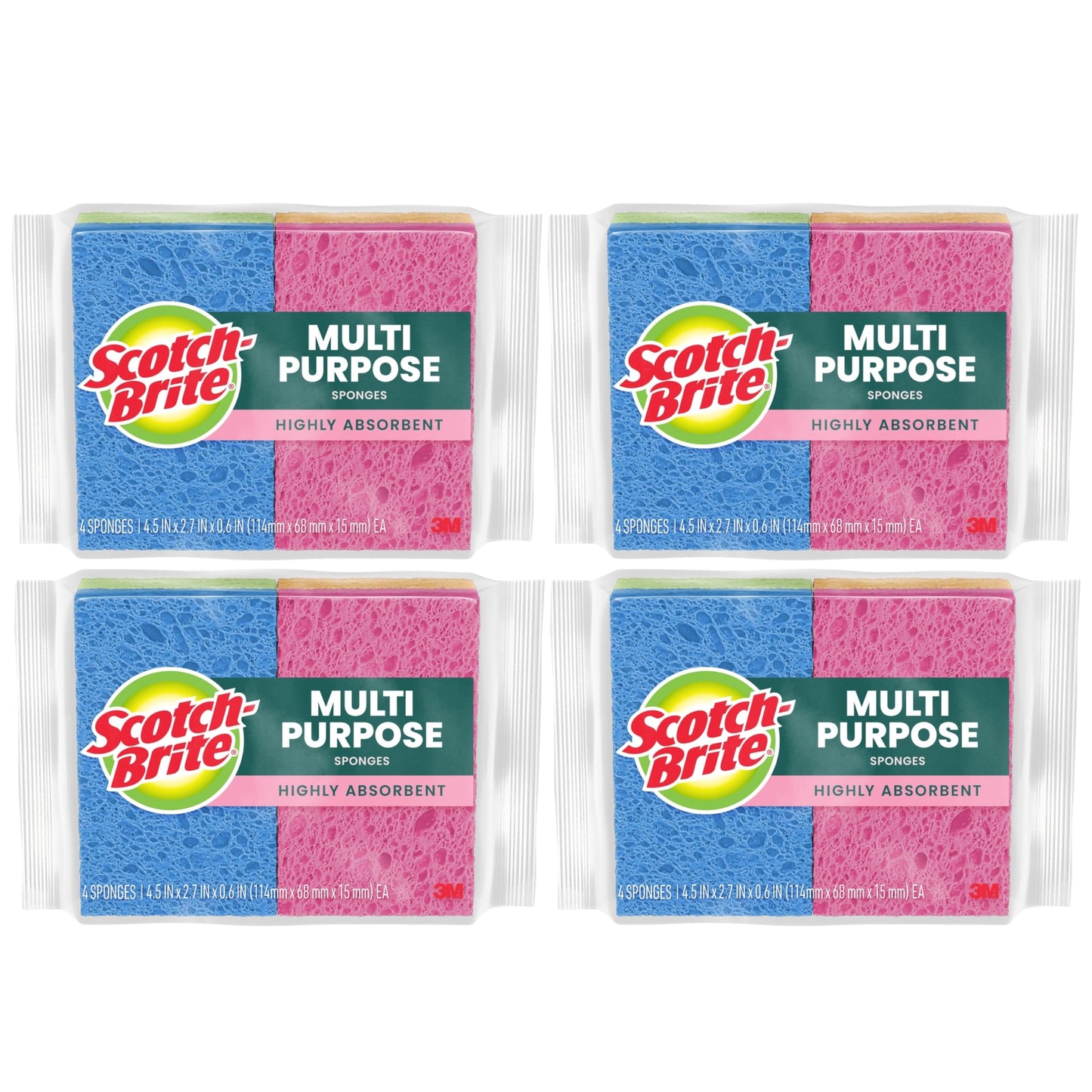 Scotch-Brite Multi-Purpose Kitchen Sponges, 16 Total (4 Packs of 4), Highly Absorbent Non-Scratch Dish Sponges, Plant-Based Fibers, Dishwasher-Safe