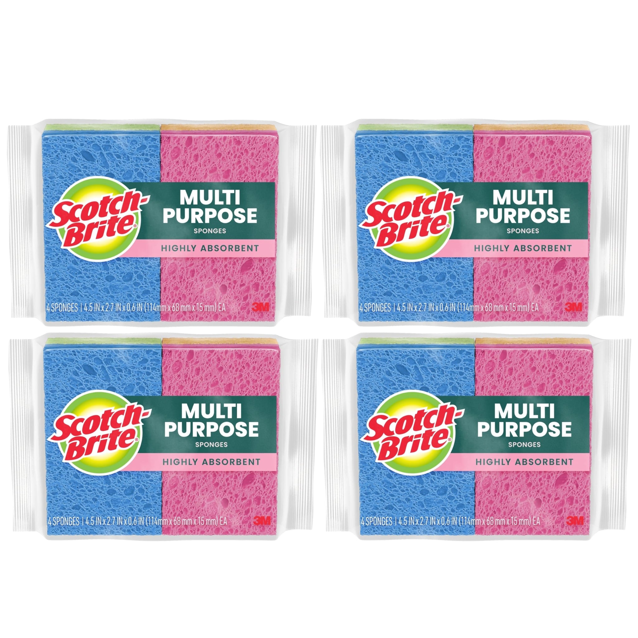 Scotch-Brite Multi-Purpose Kitchen Sponges, 16 Total (4 Packs of 4), Highly Absorbent Non-Scratch Dish Sponges, Plant-Based Fibers, Dishwasher-Safe