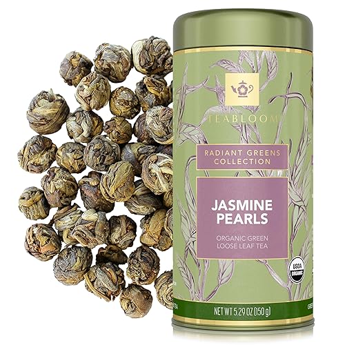 Teabloom Organic Green Tea, Jasmine Pearls Loose Leaf Tea, Captivating and Aromatic Jasmine Tea, USDA Certified Organic and Kosher, 5.29 oz/150 g