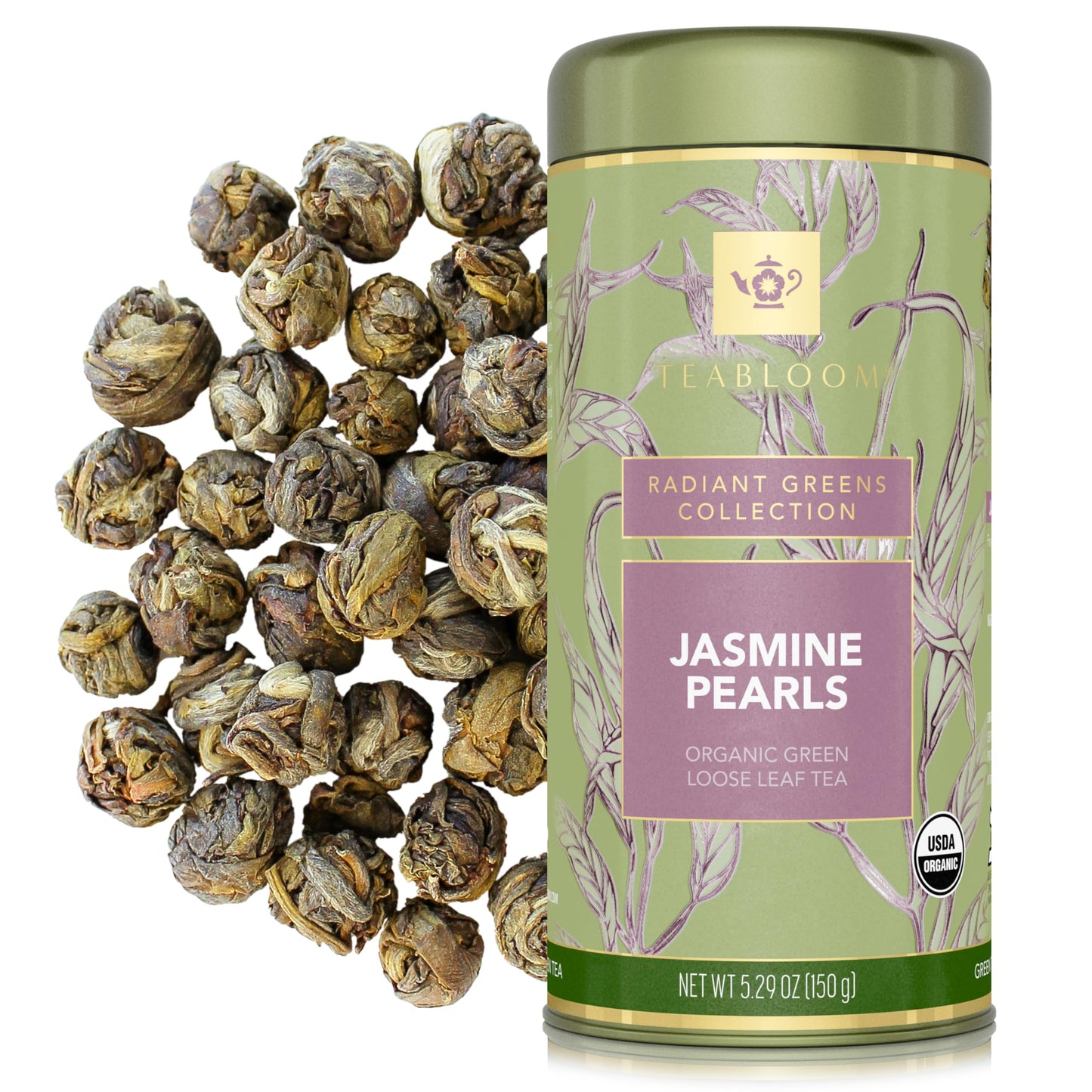 Teabloom Organic Green Tea, Jasmine Pearls Loose Leaf Tea, Captivating and Aromatic Jasmine Tea, USDA Certified Organic and Kosher, 5.29 oz/150 g