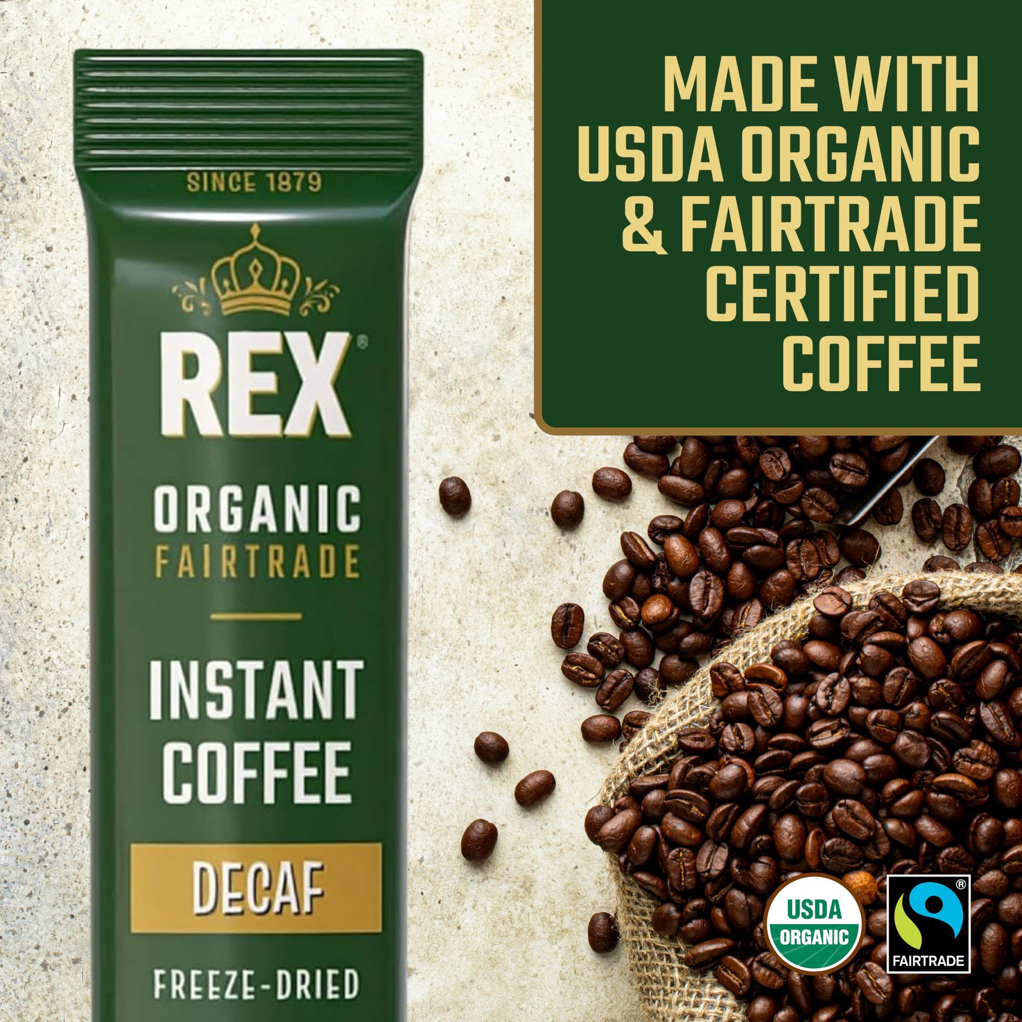 Rex Coffee Organic Fairtrade Natural Decaf Freeze-Dried Instant Sticks - Naturally Decaffeinated Arabica, 25 Single-Serve Packs - Lab Tested for Mold