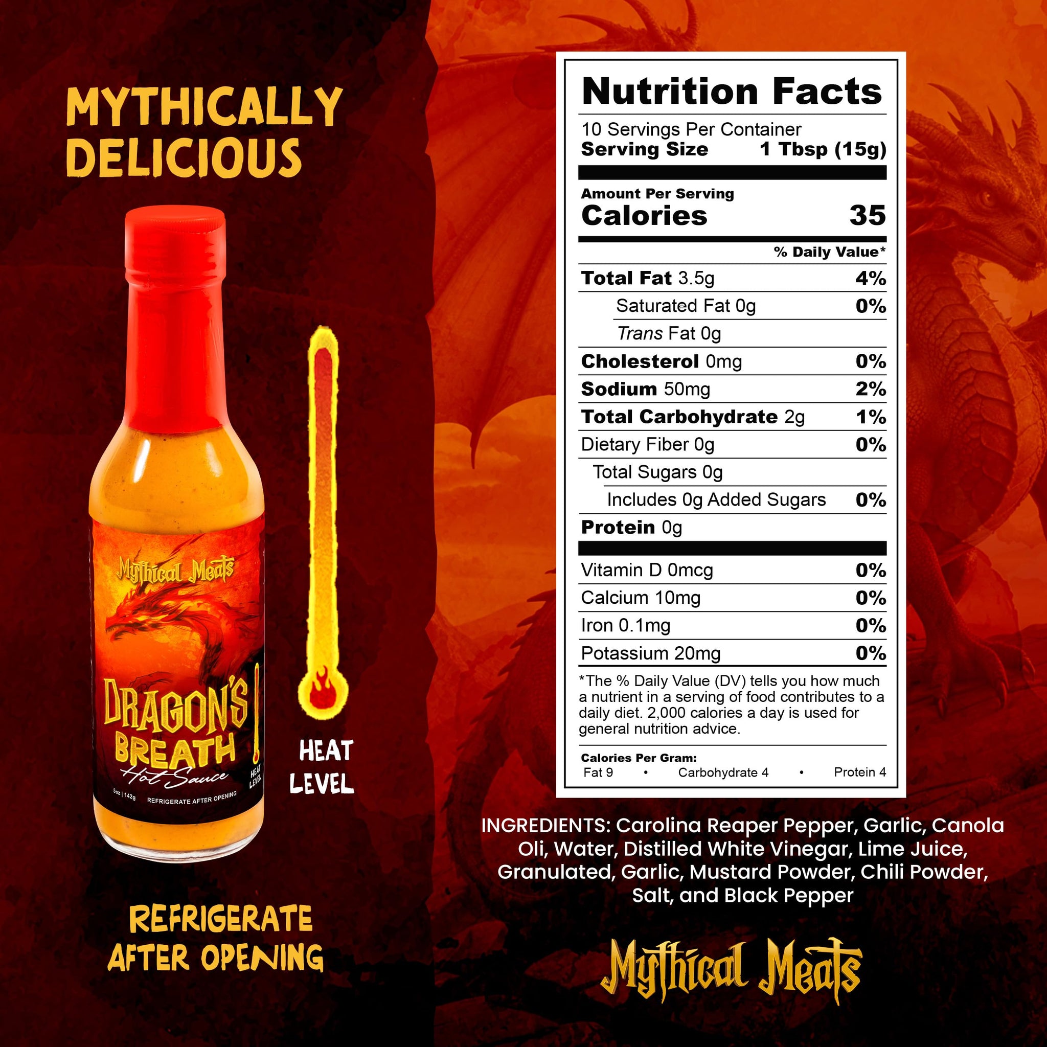 Mythical Meats Dragon's Breath Hot Sauce - Carolina Reaper & Garlic, Gluten Free, Non GMO, 9.5/10 Heat