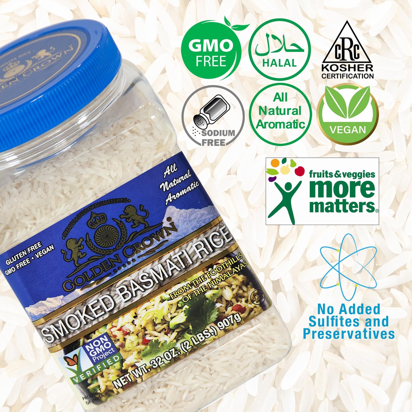 Golden Crown Smoked Basmati Rice - 32 oz (2LB) | Premium Quality Gluten-Free & Vegan | Non-GMO Smoked Kitchen Rice | Aromatic Long-Grain Tasty & Delicious | Fluffy Texture & Flavorful Great Taste