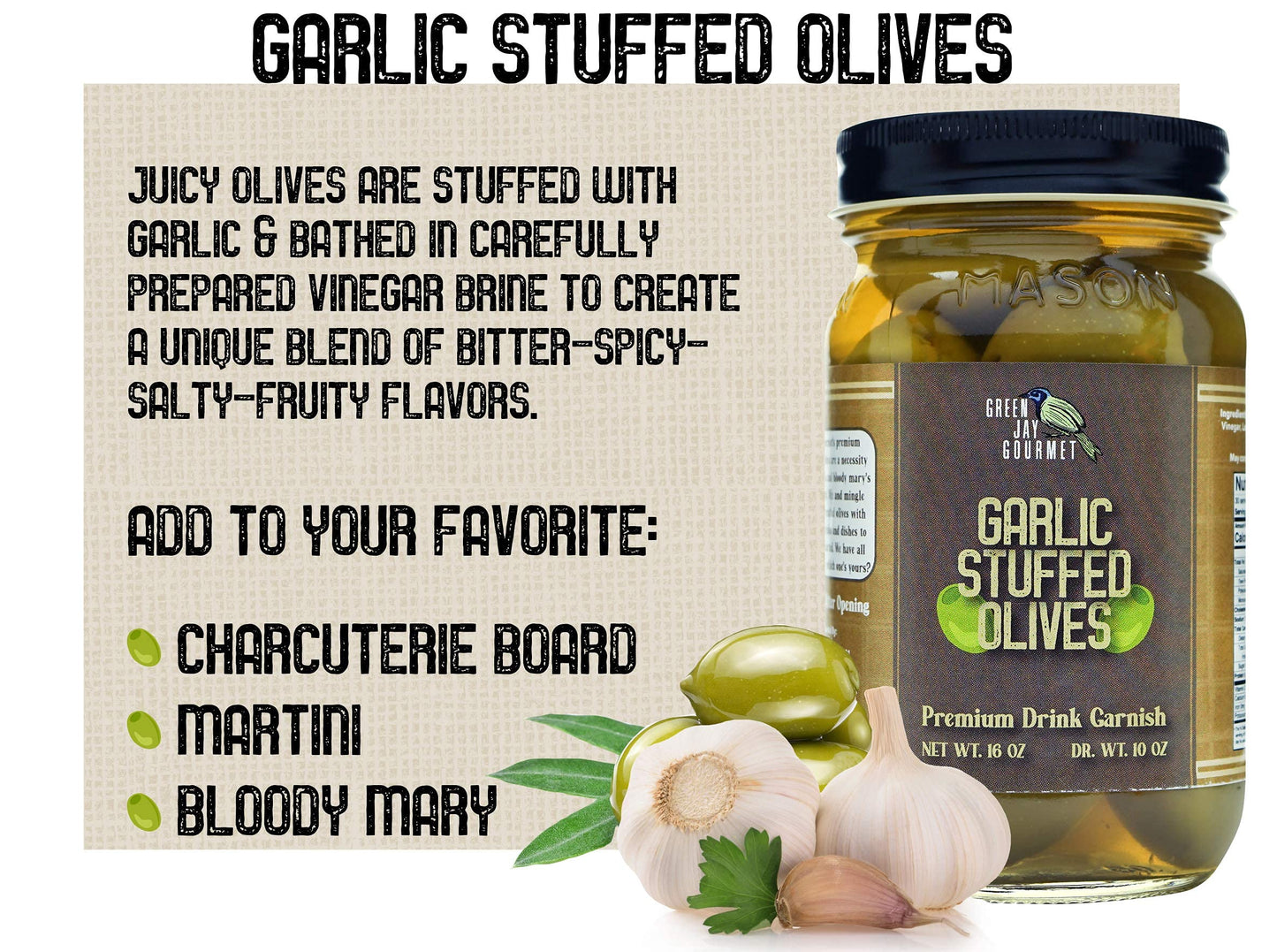 Green Jay Gourmet Garlic Stuffed Olives - Stuffed Green Olives for Cocktail Garnish & Cheese Board Recipes - Dirty Martini Olives & Cocktail Olives