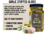 Green Jay Gourmet Garlic Stuffed Olives - Stuffed Green Olives for Cocktail Garnish & Cheese Board Recipes - Dirty Martini Olives & Cocktail Olives