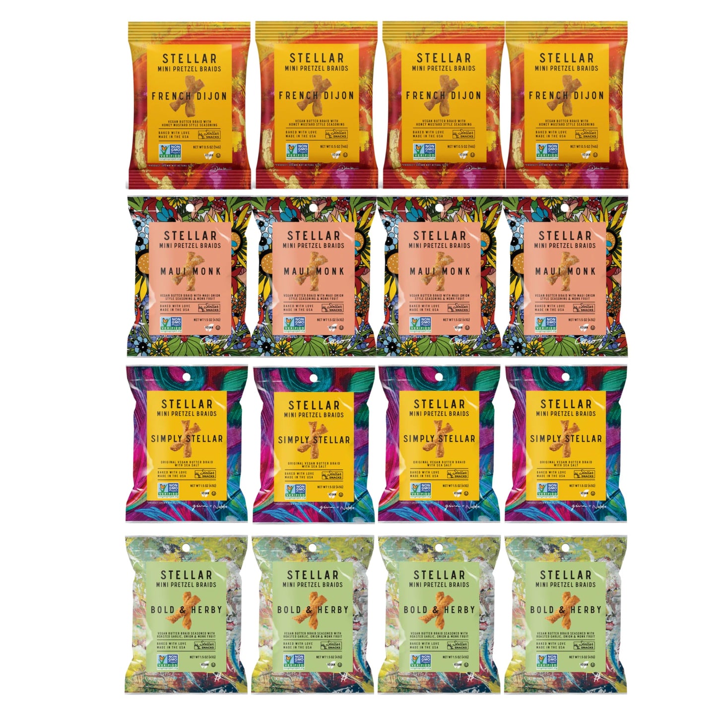 Stellar Snacks Mini Pretzel Braids, 4 Flavor Variety Pack, 1.5 Oz 24 Packs (6 Count x 4 Flavors), Gourmet Pretzel Sticks, Vegan, Kosher, Non GMO