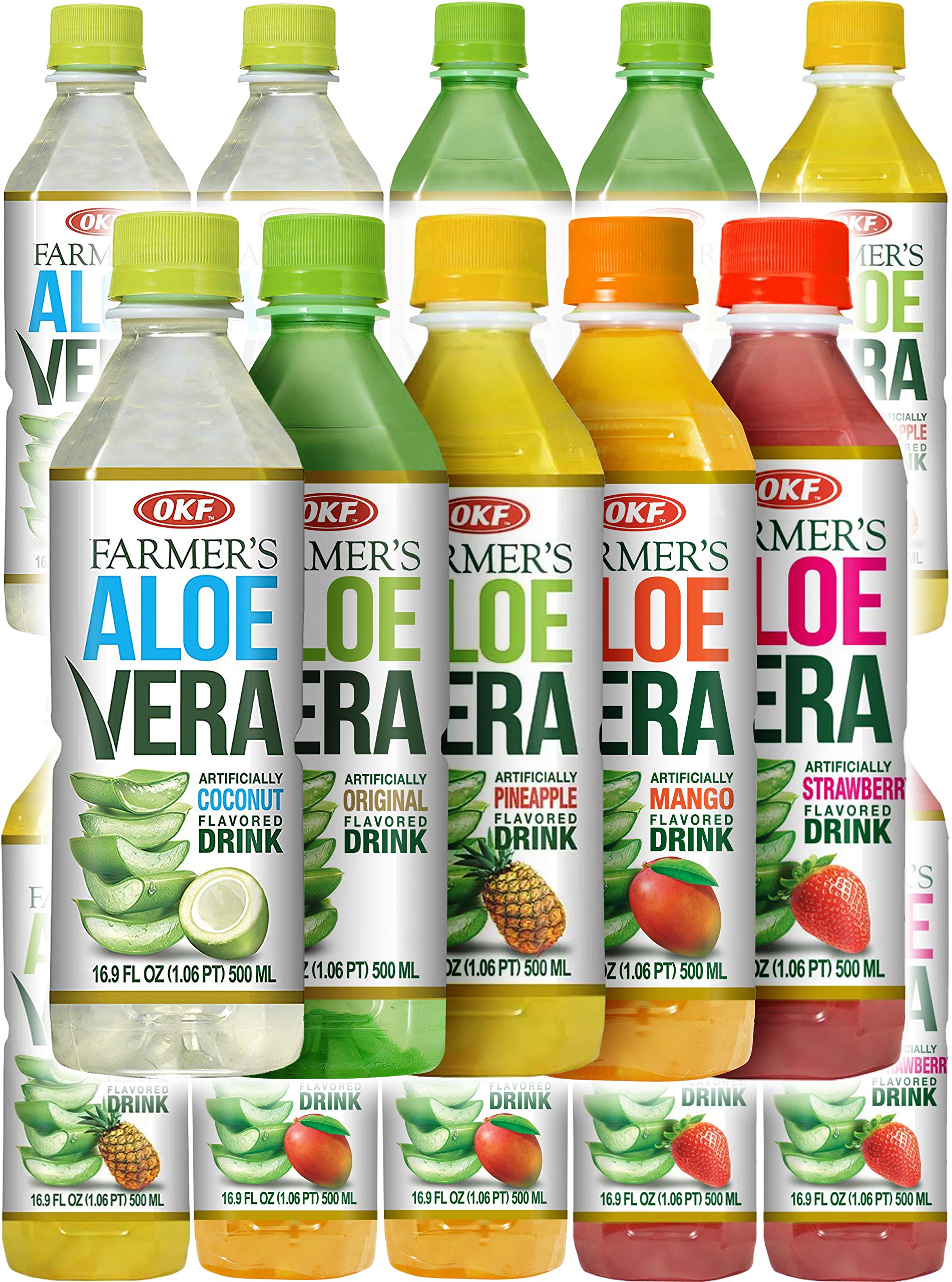 Farmer's Aloe Vera Variety Pack - Original, Mango, Coco, Fresa/Strawberry, Pina/Pineapple Drinks, 16.9 Fl Oz (Pack of 10, Total of 169 Oz)