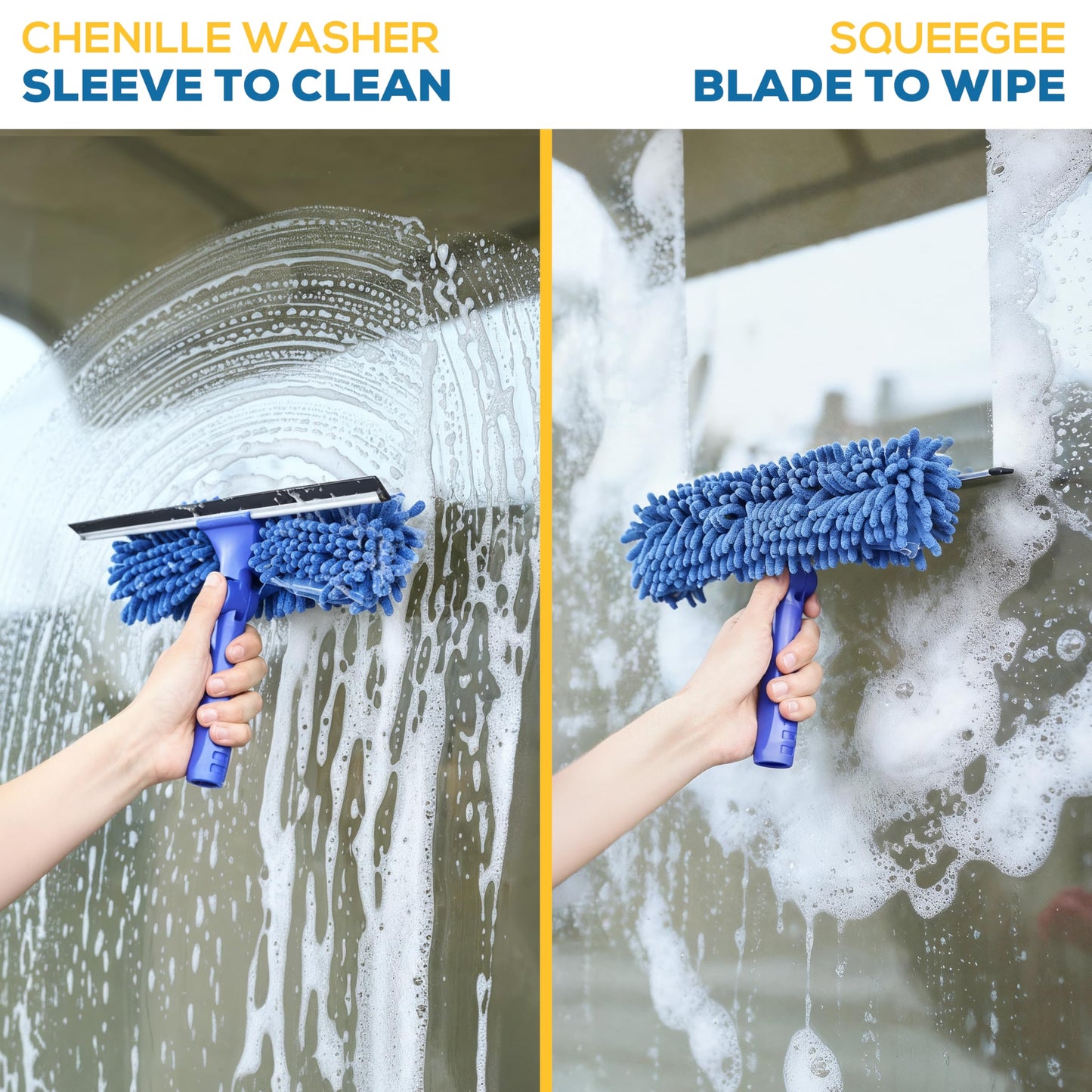 Kleen Handler 2-in-1 Window Squeegee with 60” Extendable Pole, Rotatable Glass Cleaner Tool for Commercial and Residential Use, 2 Reusable Sleeves