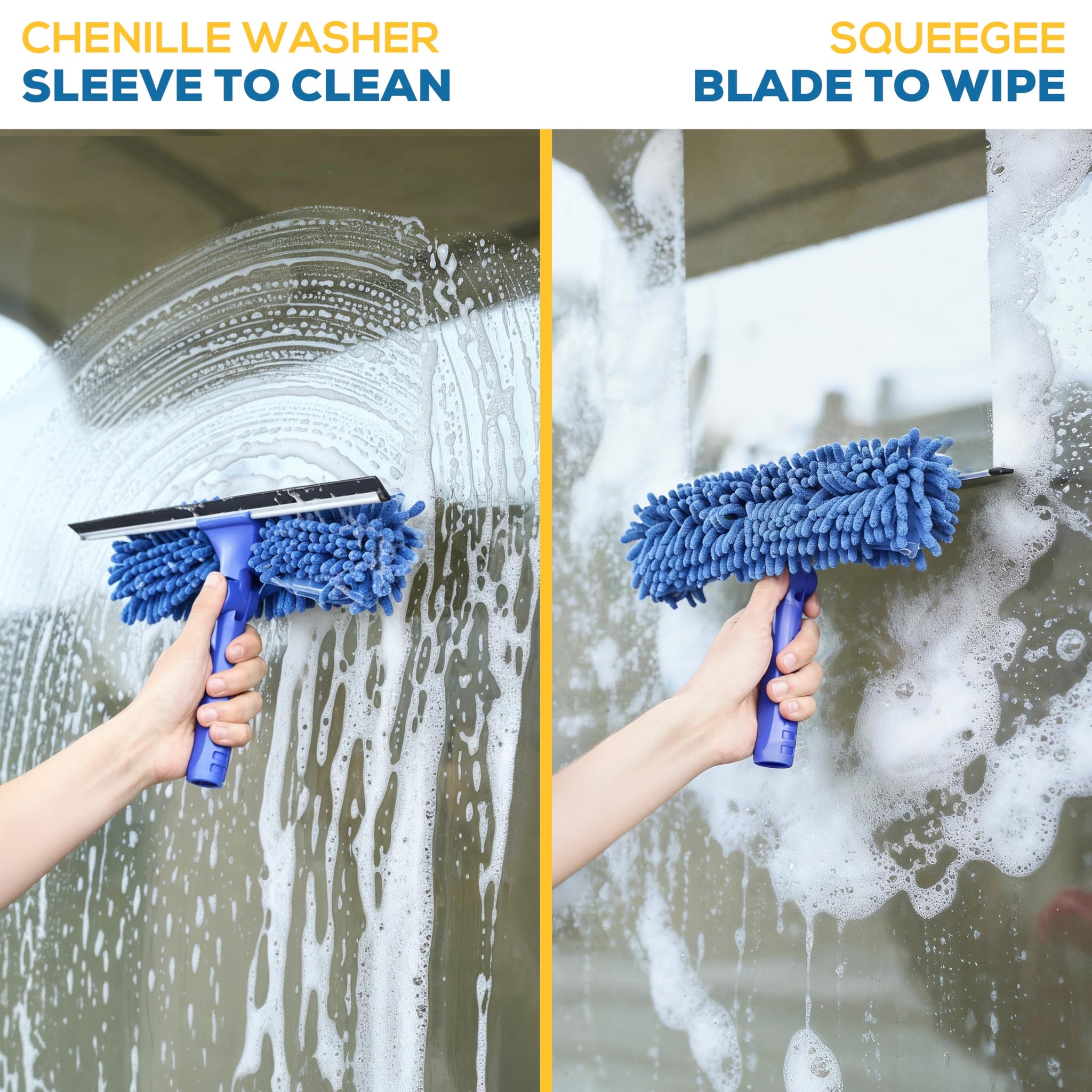 Kleen Handler 2-in-1 Window Squeegee with 60” Extendable Pole, Rotatable Glass Cleaner Tool for Commercial and Residential Use, 2 Reusable Sleeves