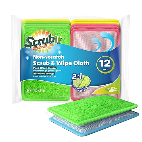 SCRUBIT - [12 Pack] Scrub and Wipe Cleaning Pads - Dual Sided Scouring Pad and Dish Sponge -Reusable Kitchen Sponge for Pots, Pans Utensils