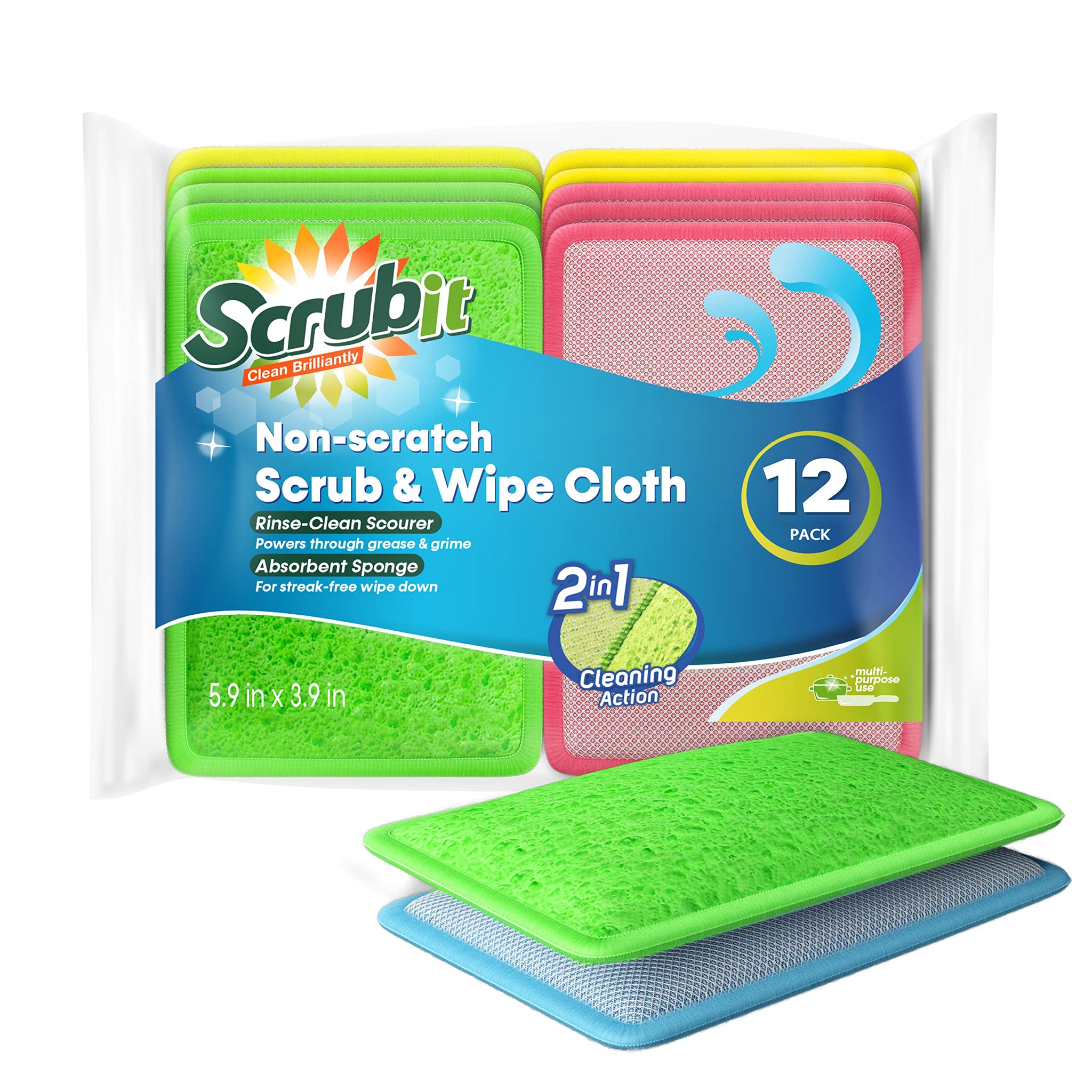 SCRUBIT - [12 Pack] Scrub and Wipe Cleaning Pads - Dual Sided Scouring Pad and Dish Sponge -Reusable Kitchen Sponge for Pots, Pans Utensils