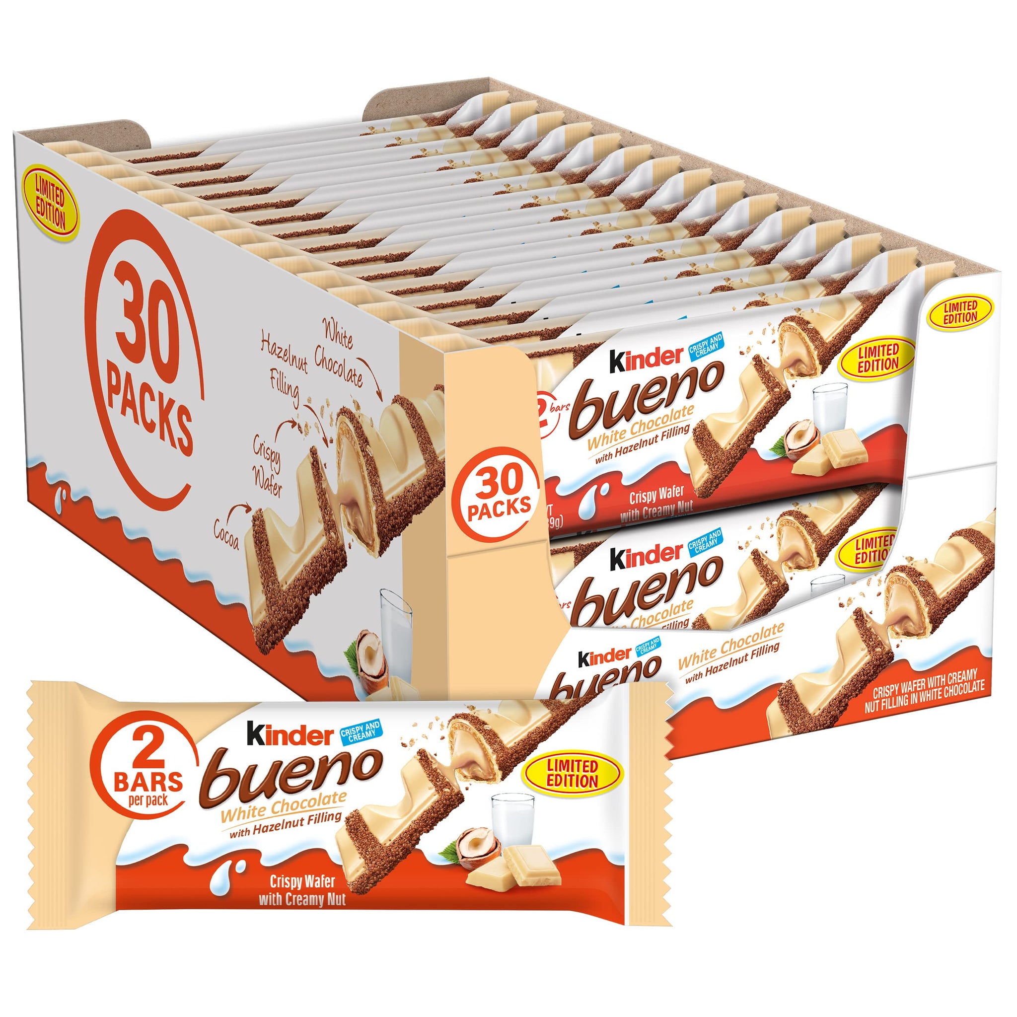 Kinder Bueno White Chocolate Bars with Hazelnut Filling, 30 Packs of 2, Bulk Chocolate Candy Bars for Game Day, Football Party Supplies, Snacks