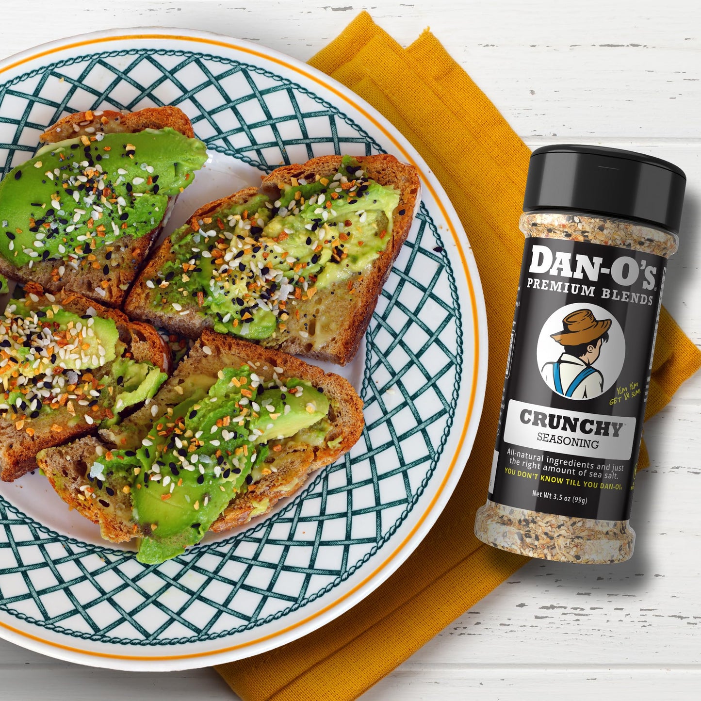 Dan-O's Crunchy Seasoning, 2.5 oz Bottle, 2 Pack, Everything Seasoning for Fish, Eggs, Salads and More, Sugar Free, Zero Calorie, Use this Spice Blend
