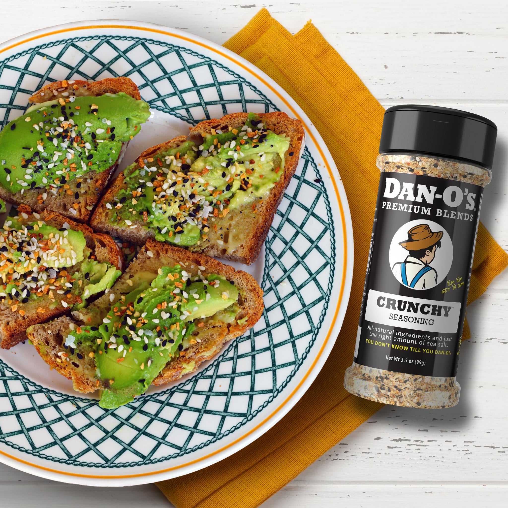Dan-O's Crunchy Seasoning, 2.5 oz Bottle, 2 Pack, Everything Seasoning for Fish, Eggs, Salads and More, Sugar Free, Zero Calorie, Use this Spice Blend