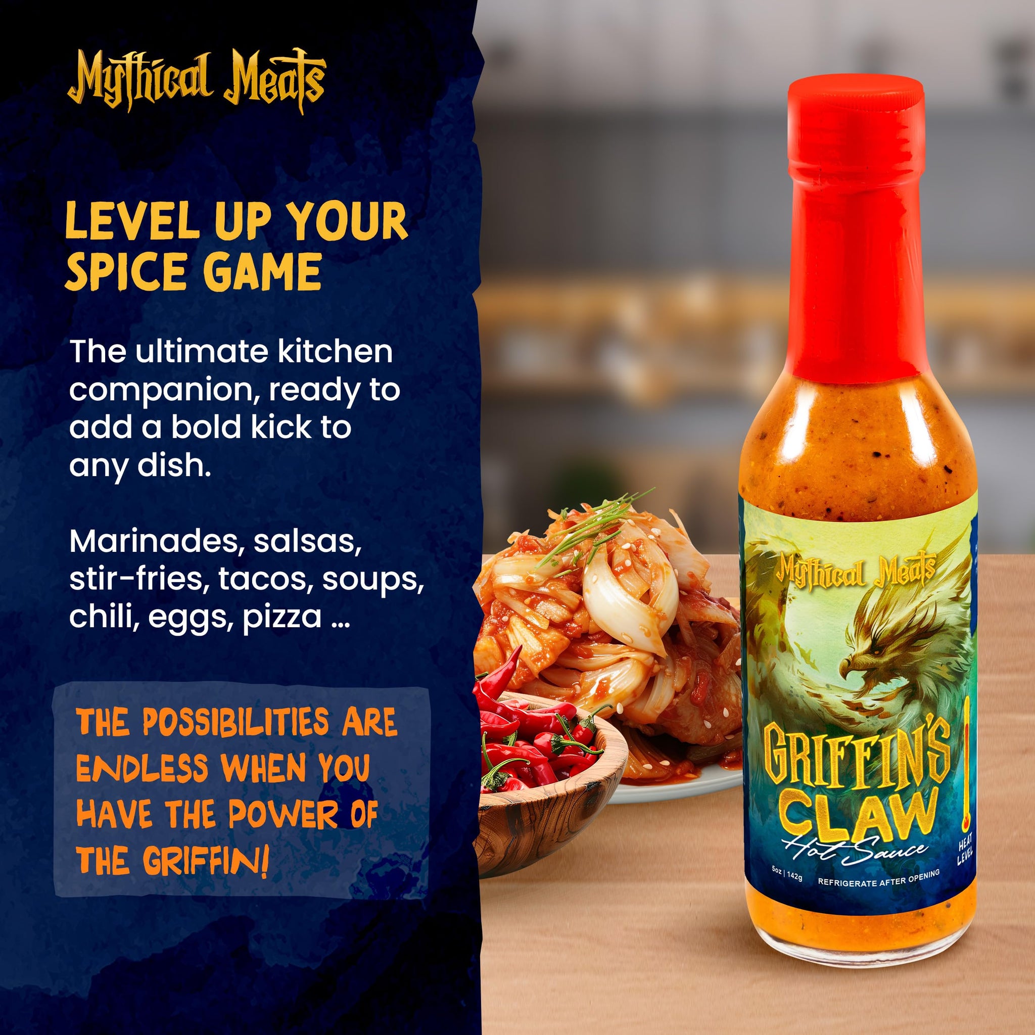 Mythical Meats Griffin's Claw Hot Sauce - Scorpion Pepper & Honey Mustard, Gluten Free, Non- GMO, 8/10 Heat