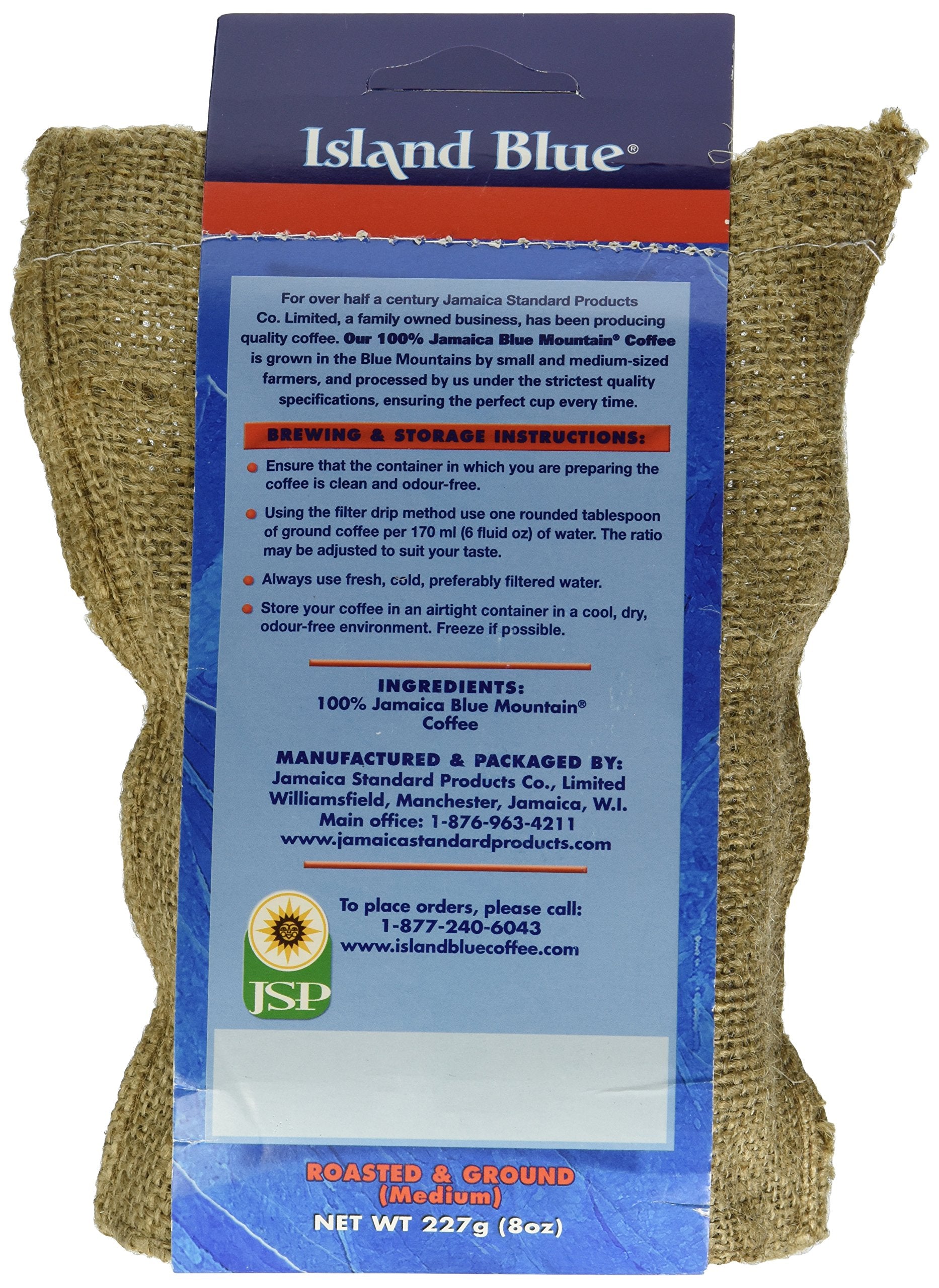 Island Blue 100% Jamaica Blue Mountain Fresh Roasted & Ground Coffee Medium Roast Gourmet Coffee Ground Vacuum Packed in a Burlap Bag, 8 oz