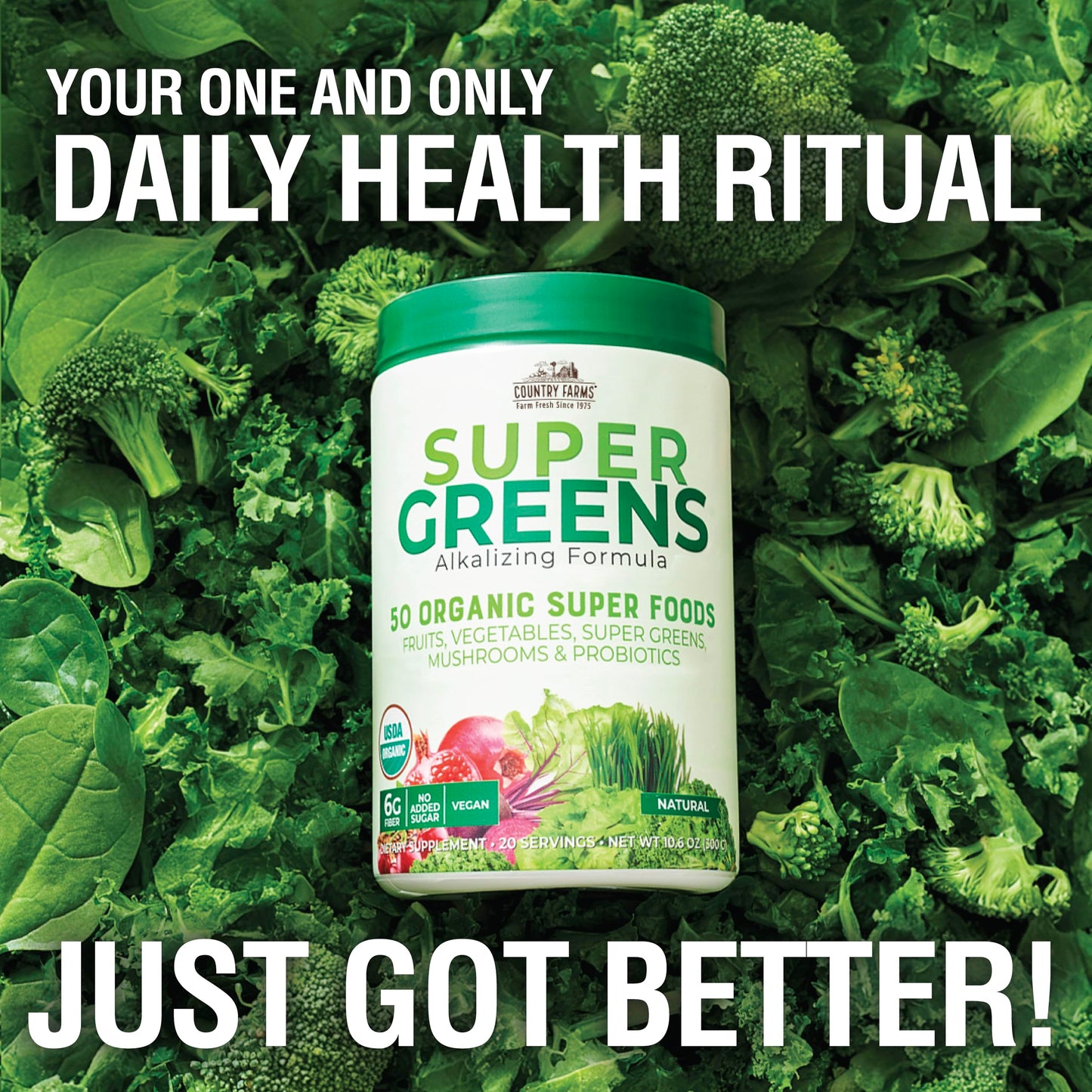 Country Farms Super Greens Natural Flavor, 50 Organic Super Foods, USDA Organic Drink Mix, Fruits, Vegetables, Super Greens, Mushrooms & Probiotics
