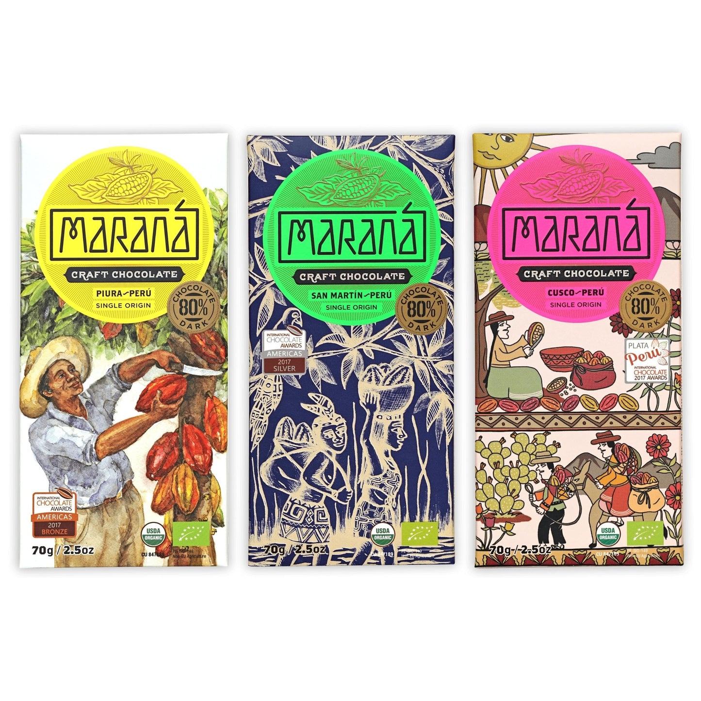 Maraná Chocolate 80% Cacao Variety Dark Chocolate 3 Pack - Peruvian Chocolate - Premium, Bean-to-Bar, Direct Sourced, Made at Origin, Single Origin