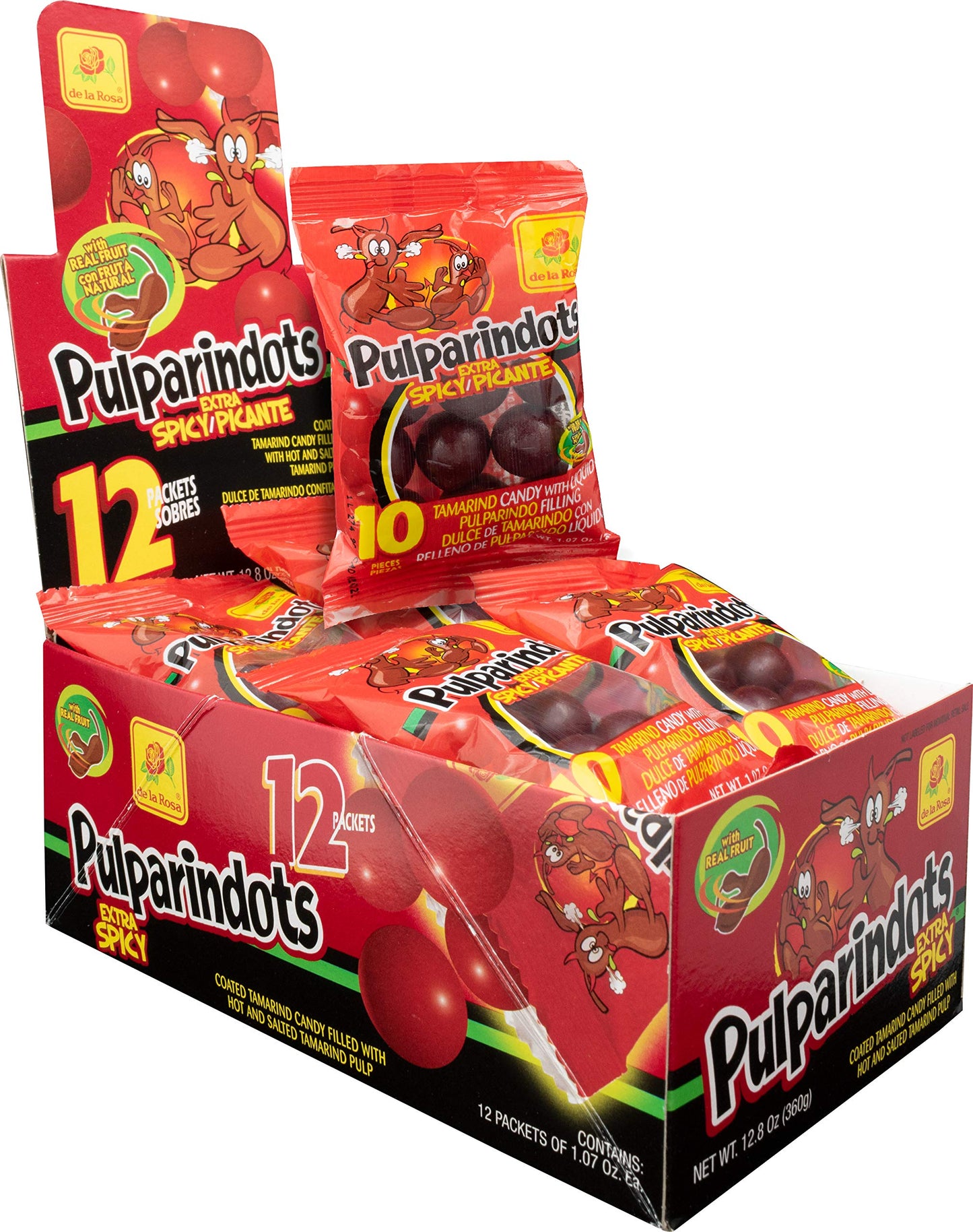 DE LA ROSA Pulparindots Dulce de Tamarindo Extra Picante 12 Sobres 360 gr. | Coated Tamarind Candy Extra Hot 12 Packets 12.8 oz.