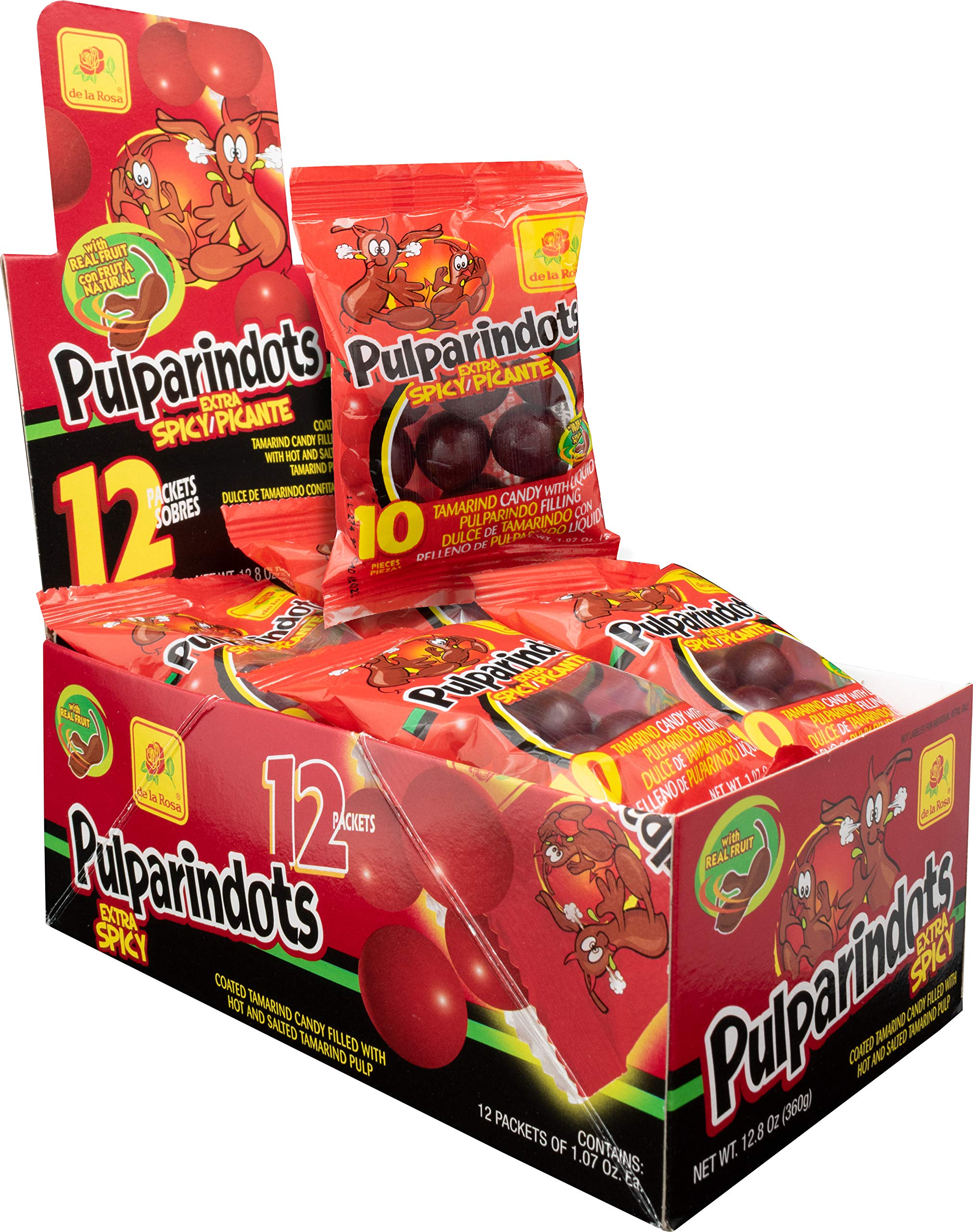 DE LA ROSA Pulparindots Dulce de Tamarindo Extra Picante 12 Sobres 360 gr. | Coated Tamarind Candy Extra Hot 12 Packets 12.8 oz.