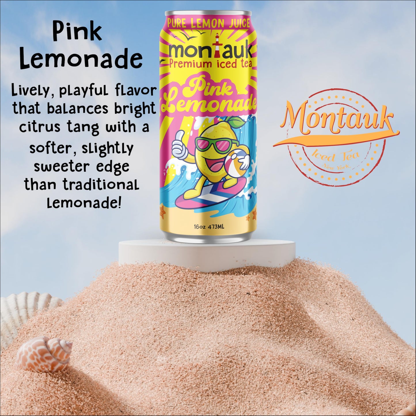 Montauk Premium Lemonade, Ready-to-Drink, 16 fl oz Cans (Pack of 12, Pink Lemonade)